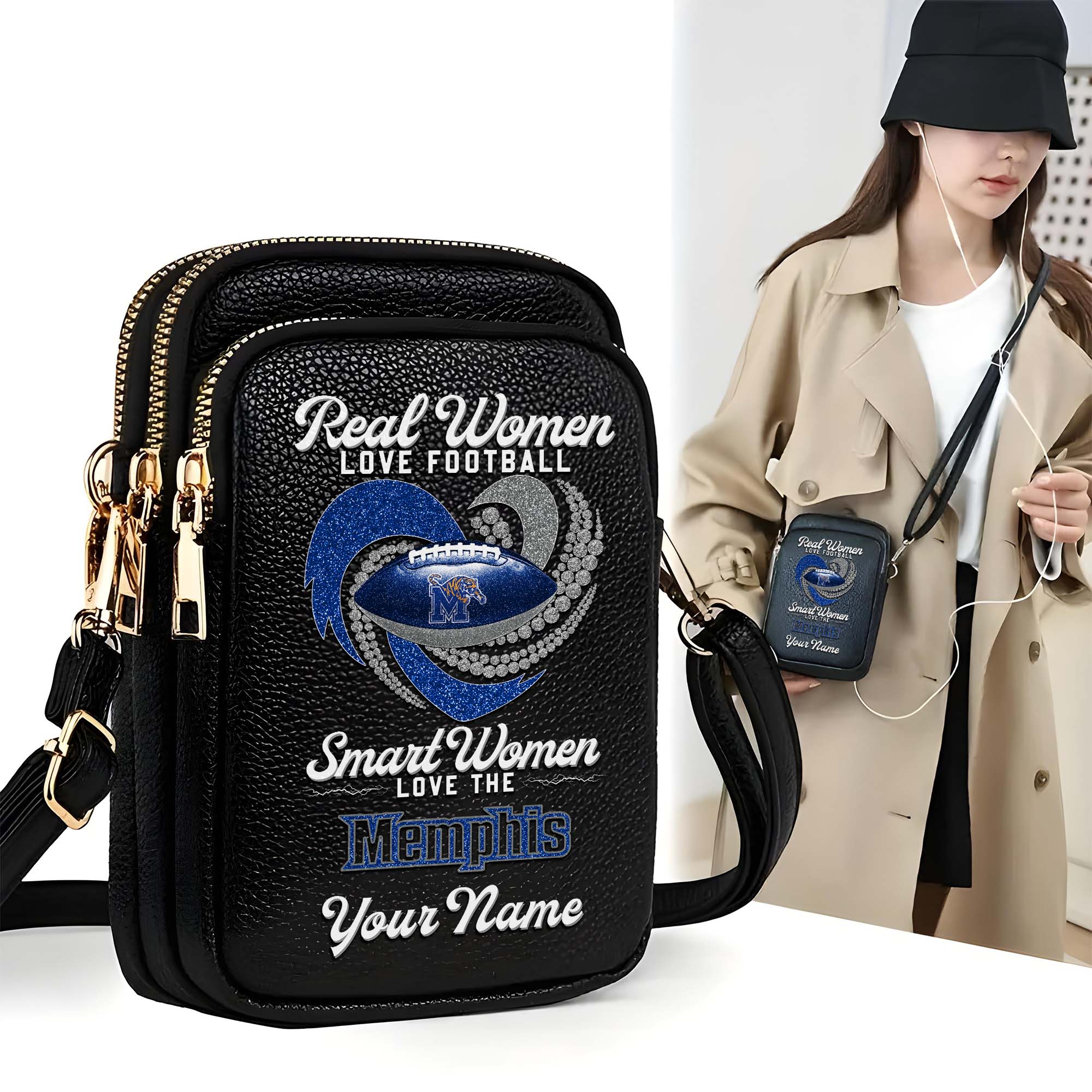 Memphis Tigers Customized Womens Mobile Phone Bag With Your Name, Leather Crossbody Bag, Fan Gifts