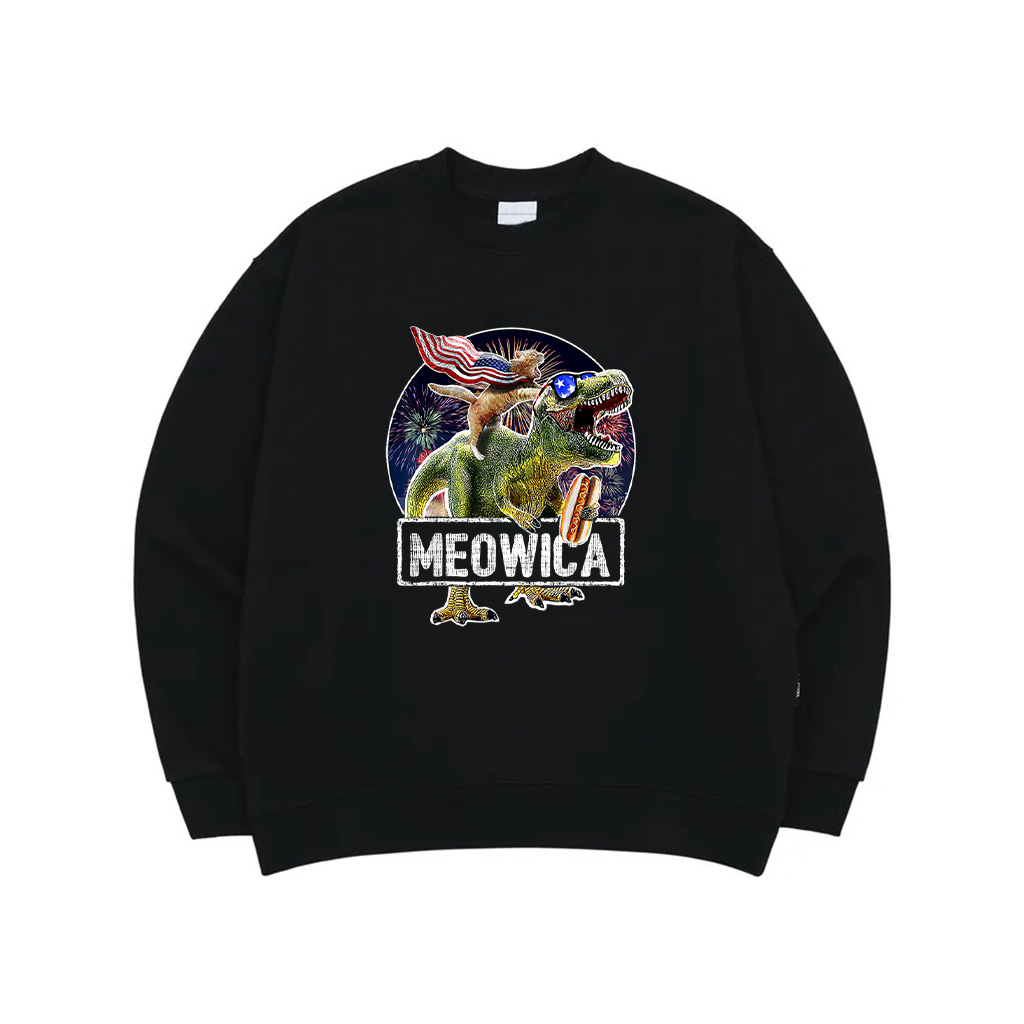 Meowica American Flag Cat T Rex Dinosaur 4Th Of July Kids Sweatshirt
