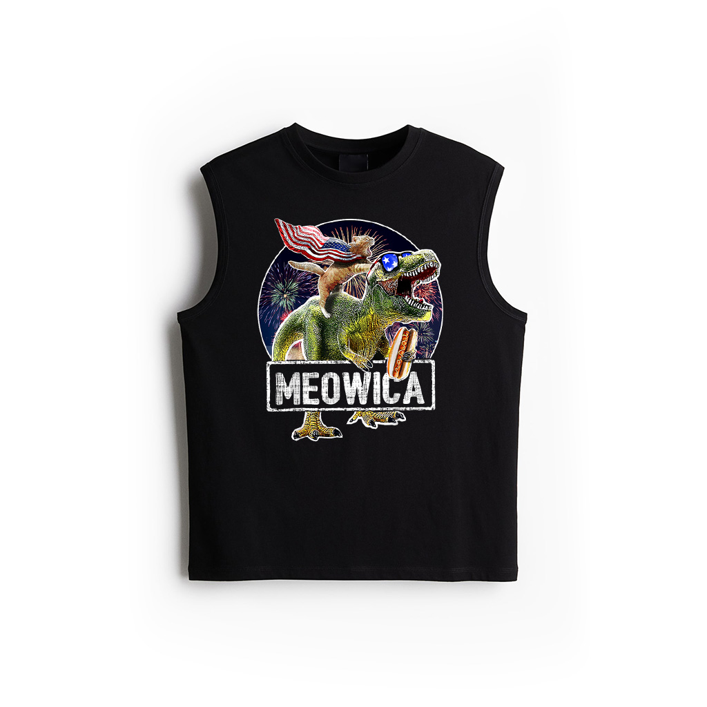Meowica American Flag Cat T Rex Dinosaur 4Th Of July Kids Tank Top
