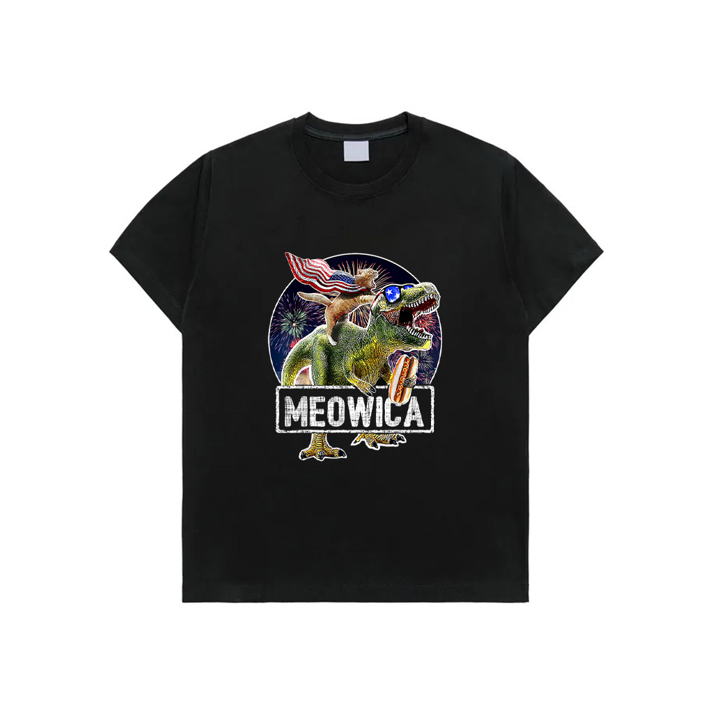 Meowica American Flag Cat T Rex Dinosaur 4Th Of July Kids T-Shirt