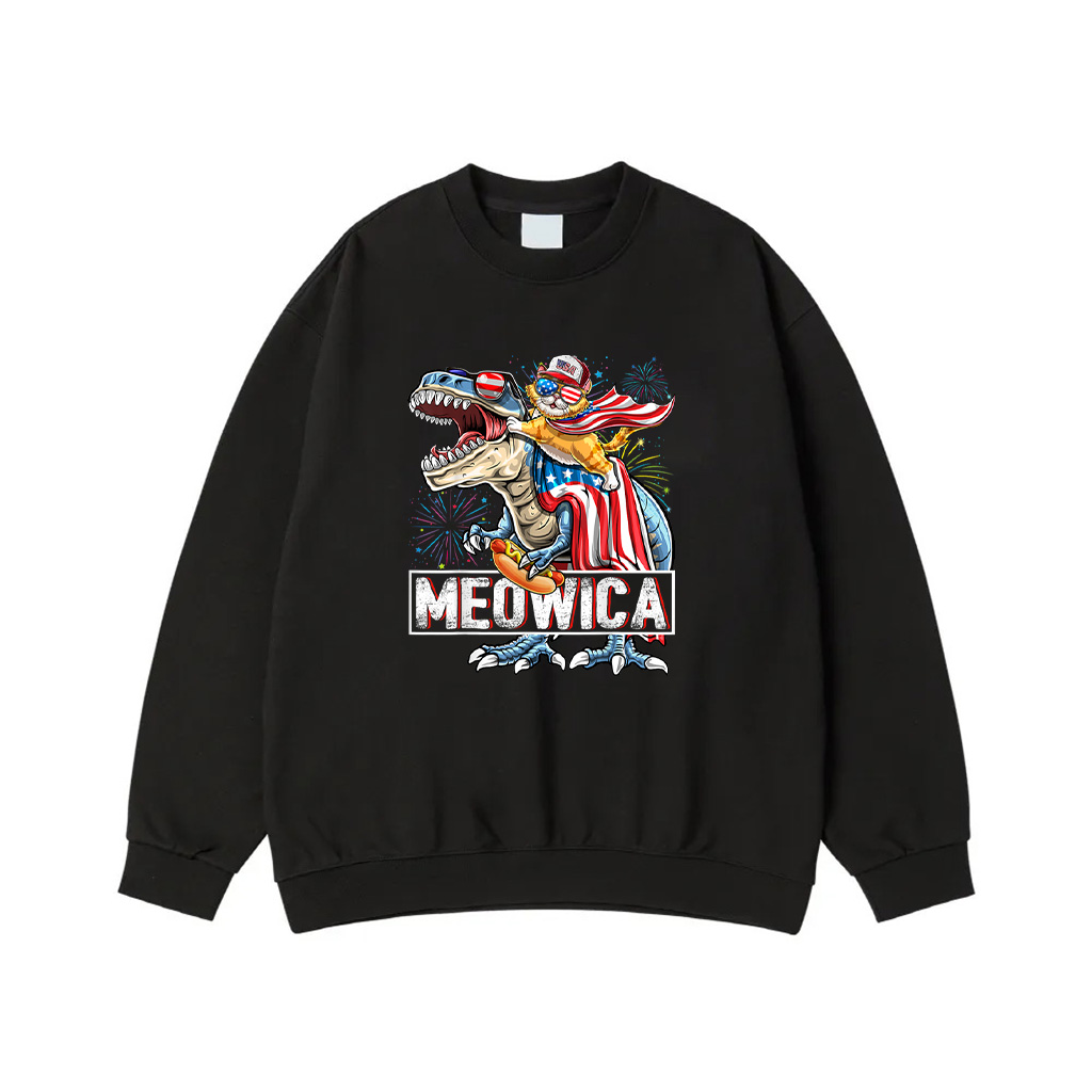 Meowica Cat T Rex Dinosaur 4Th Of July American Flag Kids Sweatshirt