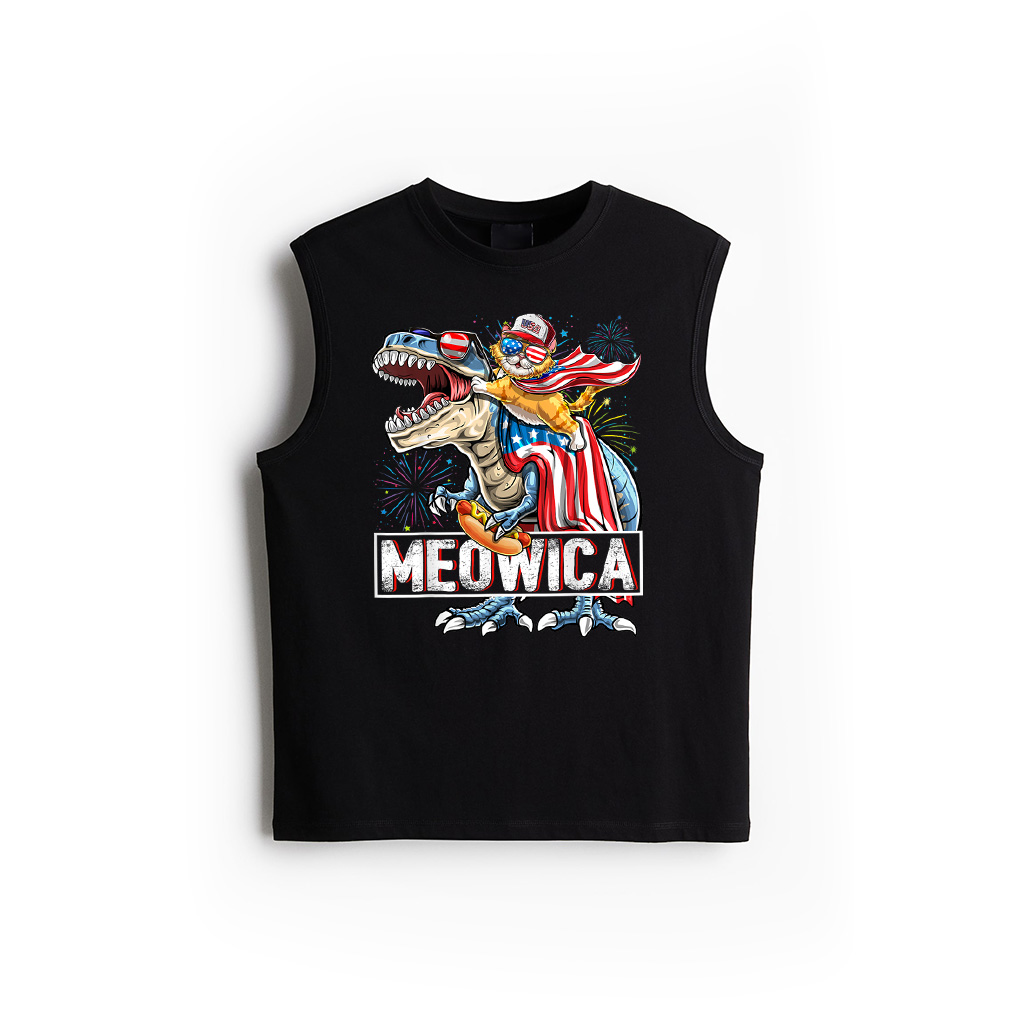 Meowica Cat T Rex Dinosaur 4Th Of July American Flag Kids Tank Top