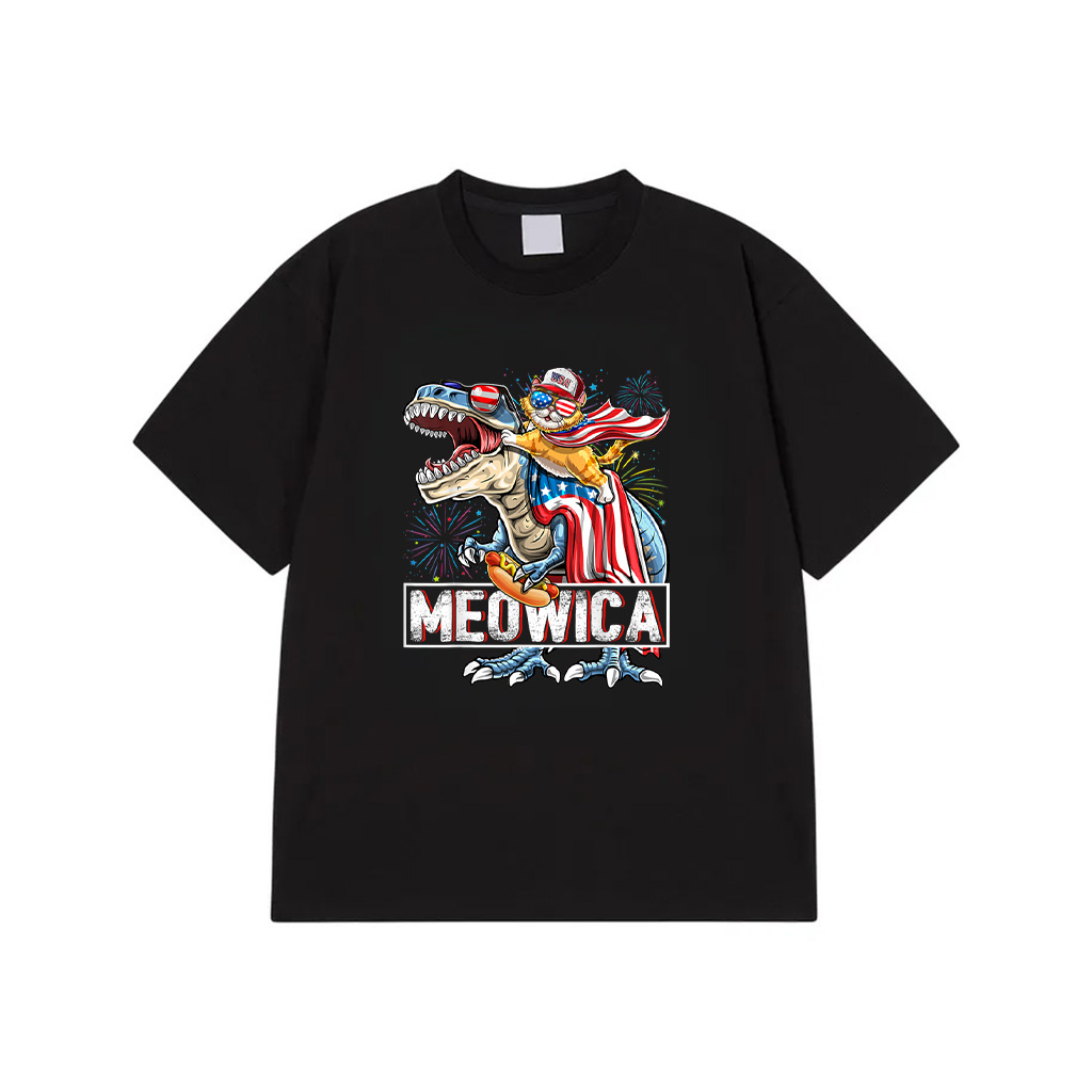 Meowica Cat T Rex Dinosaur 4Th Of July American Flag Kids T-Shirt