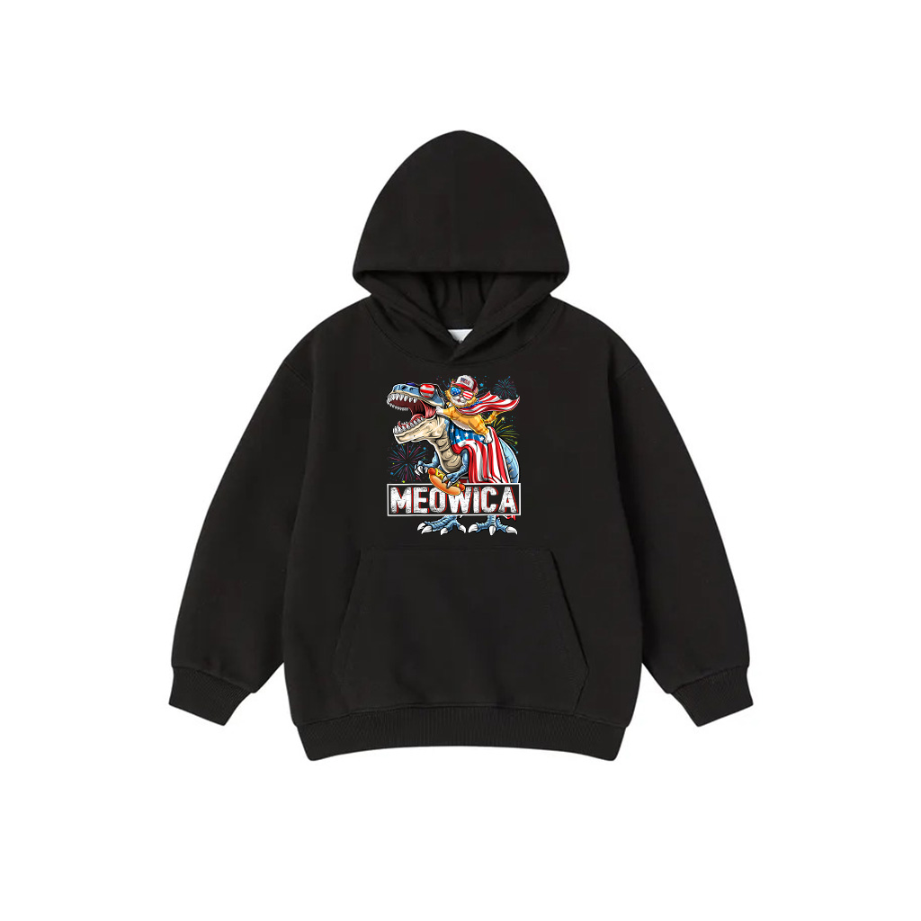 Meowica Cat T Rex Dinosaur 4Th Of July American Flag Kids Hoodie