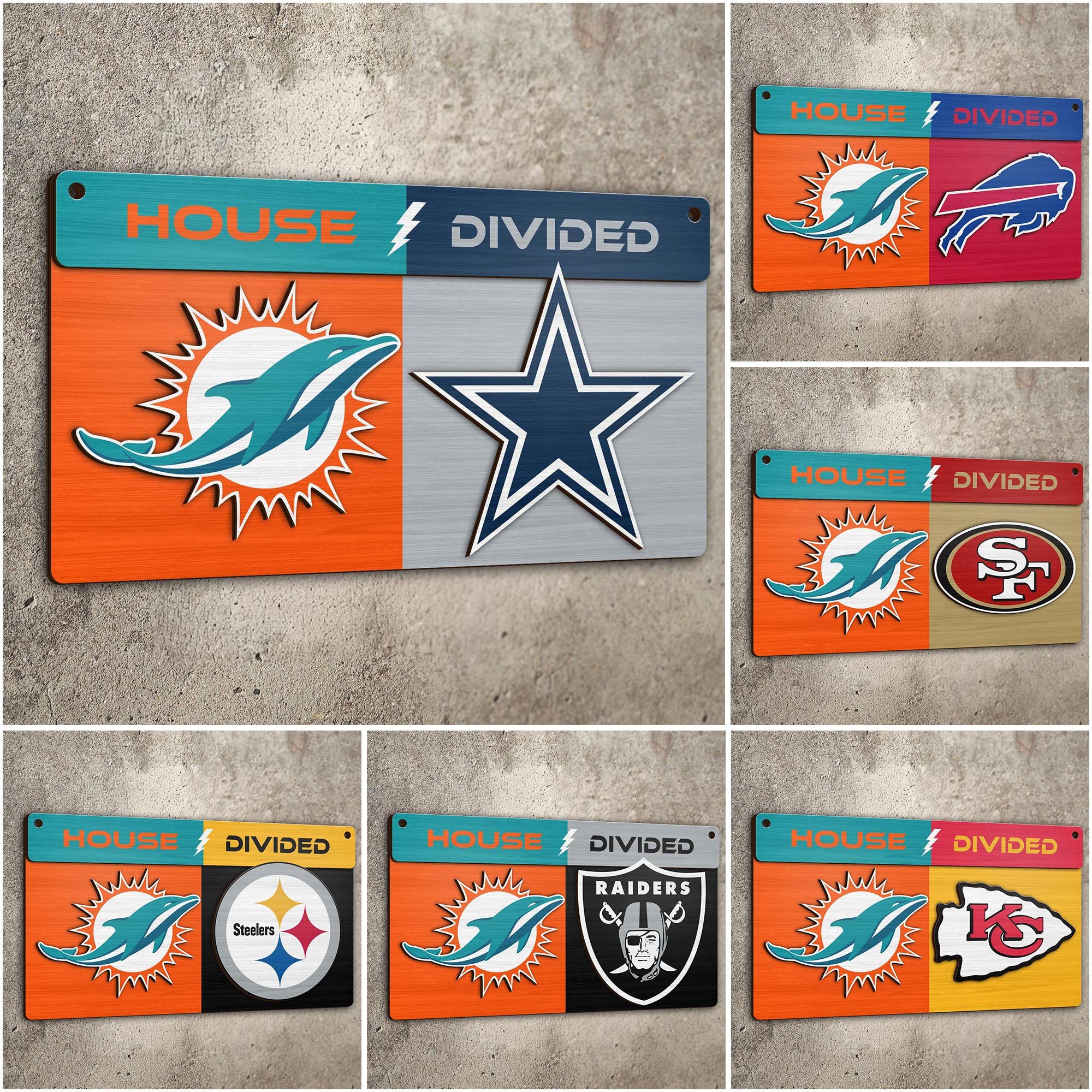 Miami Dolphins 2 Layers Woodsign Choose Any Team, House Divided Sign, Wall Hangings