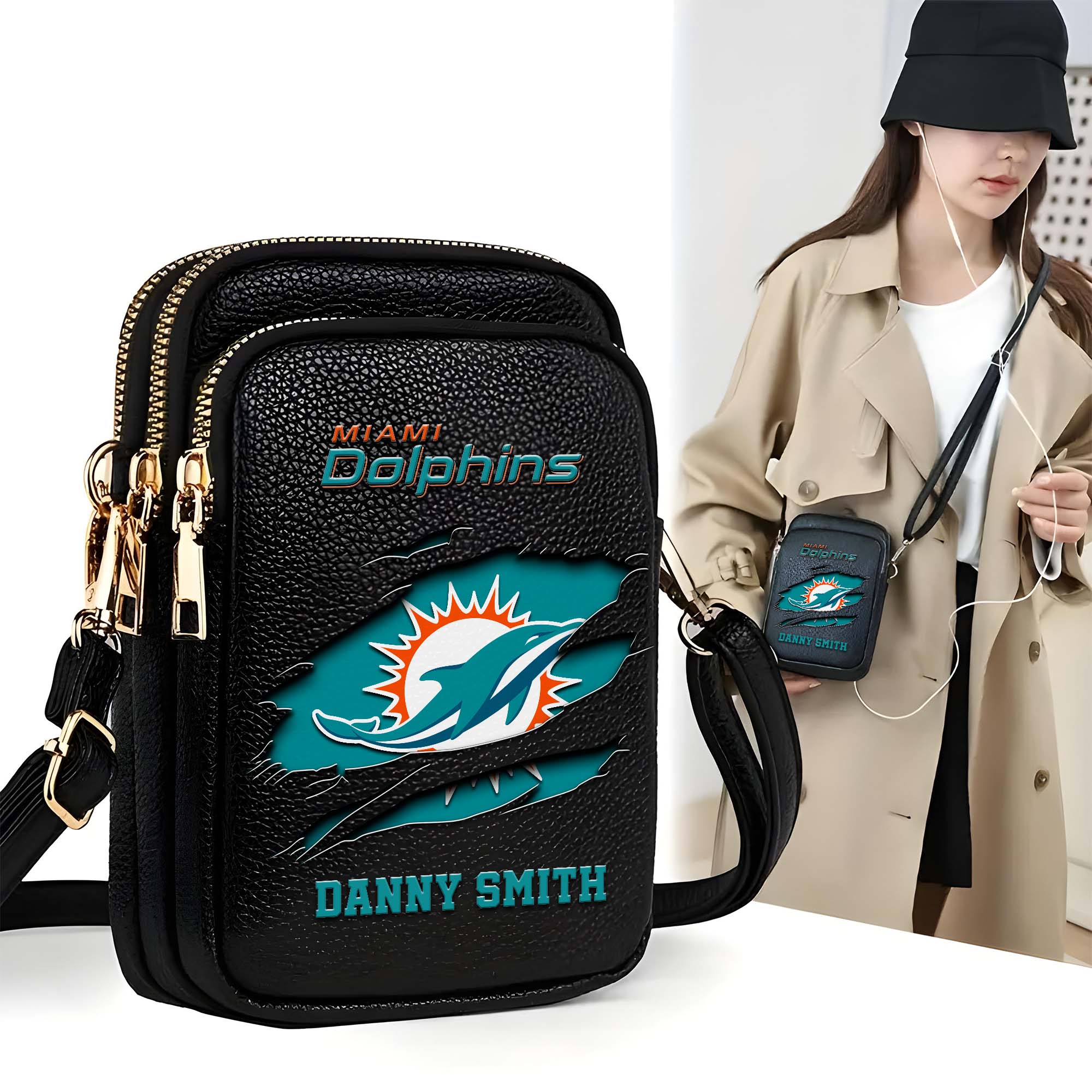 Miami Dolphins Customized Womens Mobile Phone Bag With Your Name, Leather Crossbody Bag, Fan Gifts