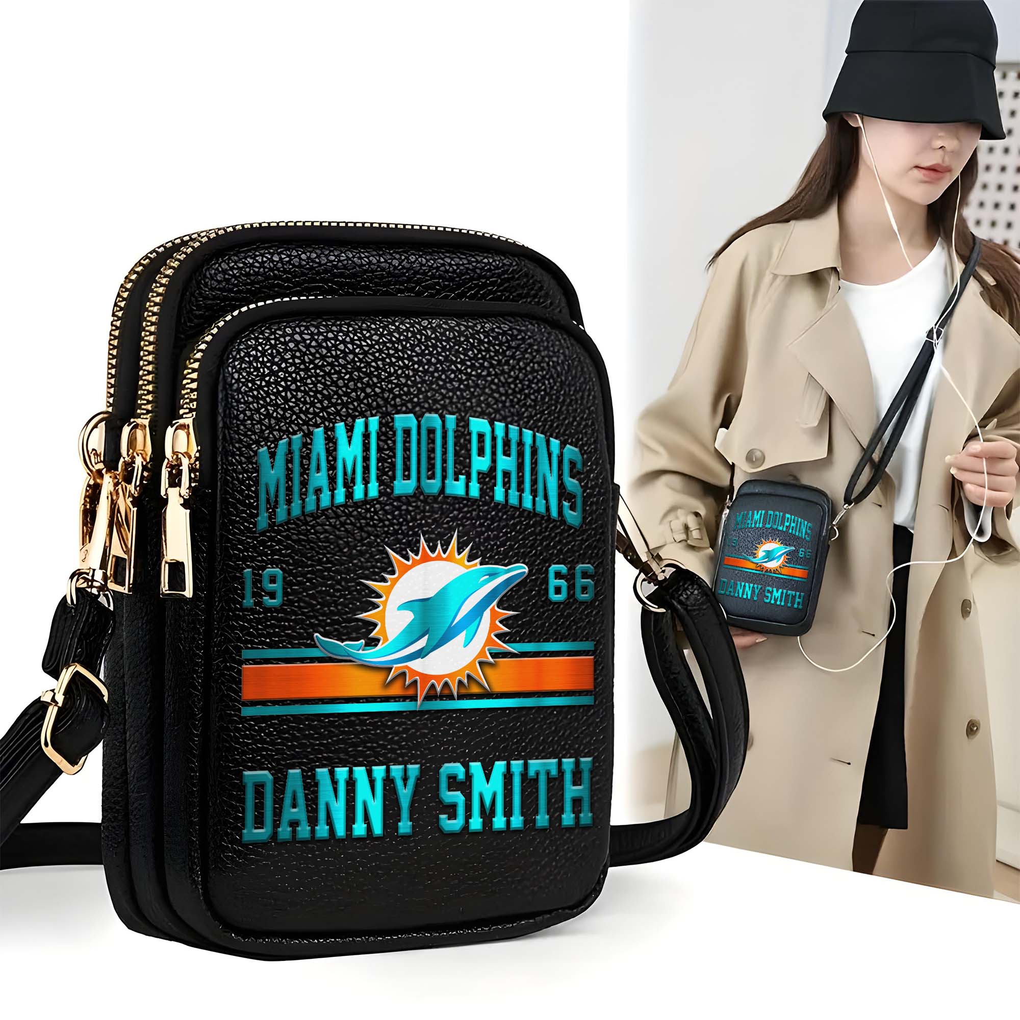 Miami Dolphins Customized Womens Mobile Phone Bag With Your Name, Leather Crossbody Bag, Fan Gifts