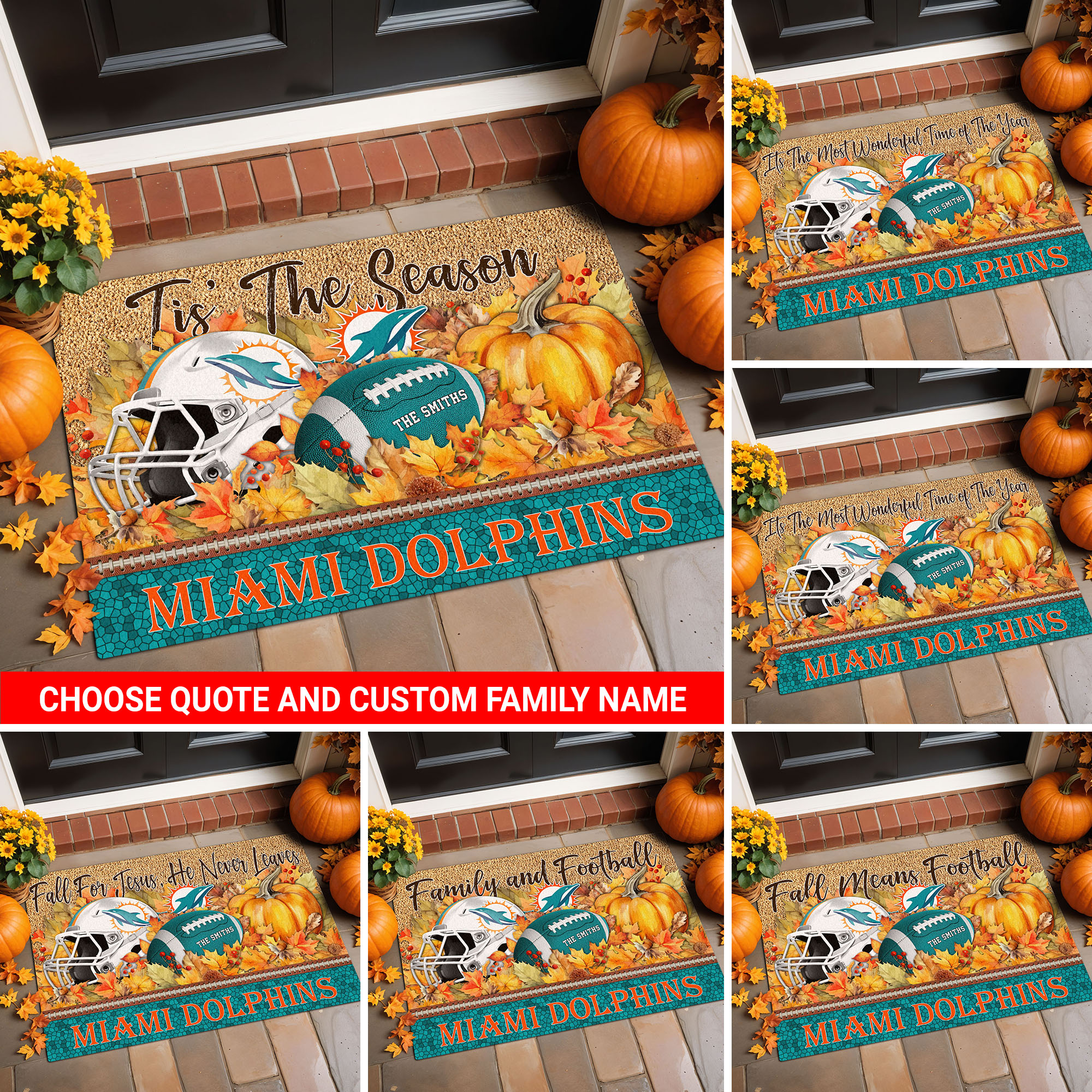 Miami Dolphins Doormat Custom Your Family Name And Choose Your Quotes, Sport Doormat, Sport Gifts For Fan