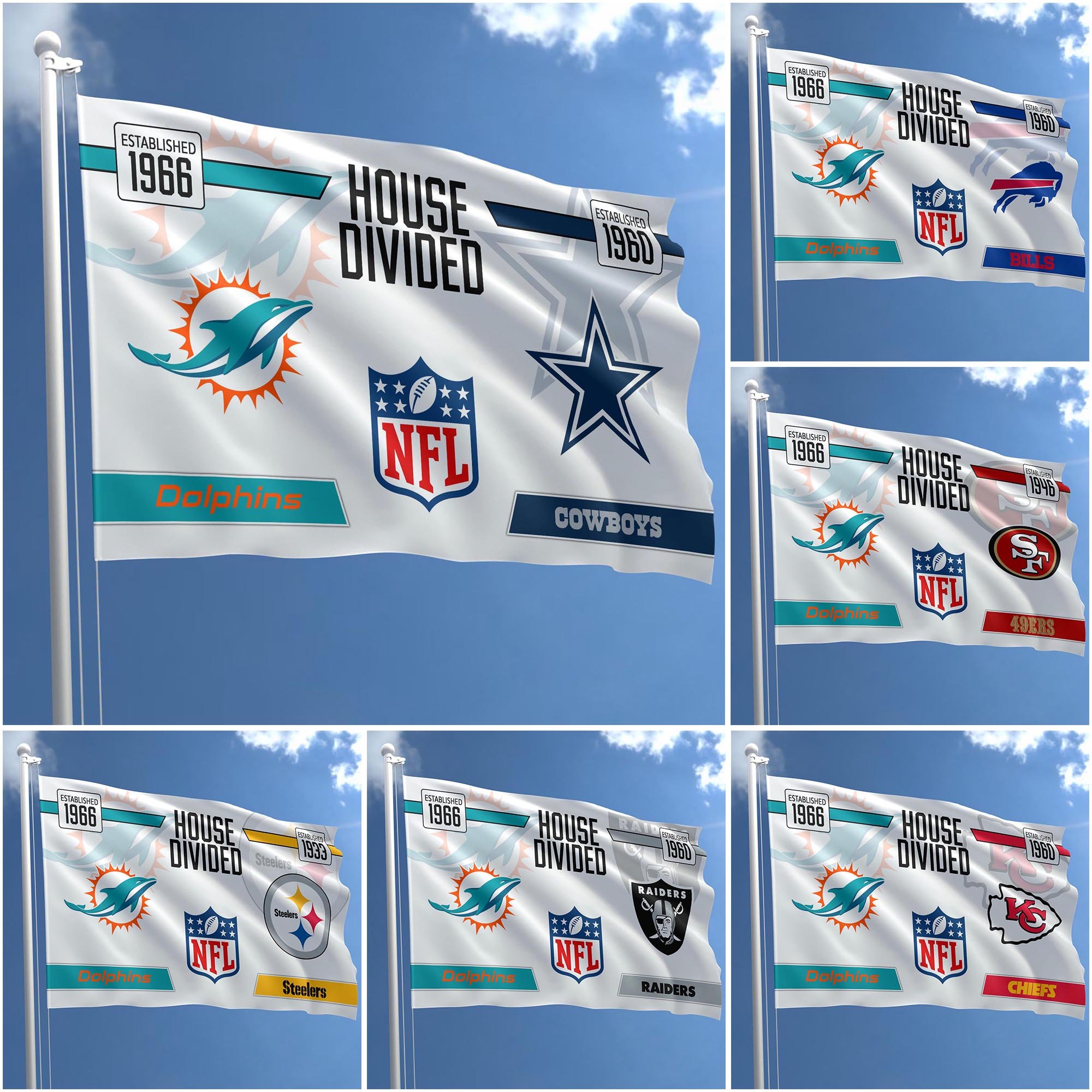 Miami Dolphins Flag 3X5ft Choose Any Team, House Divided Flag, Home Decors