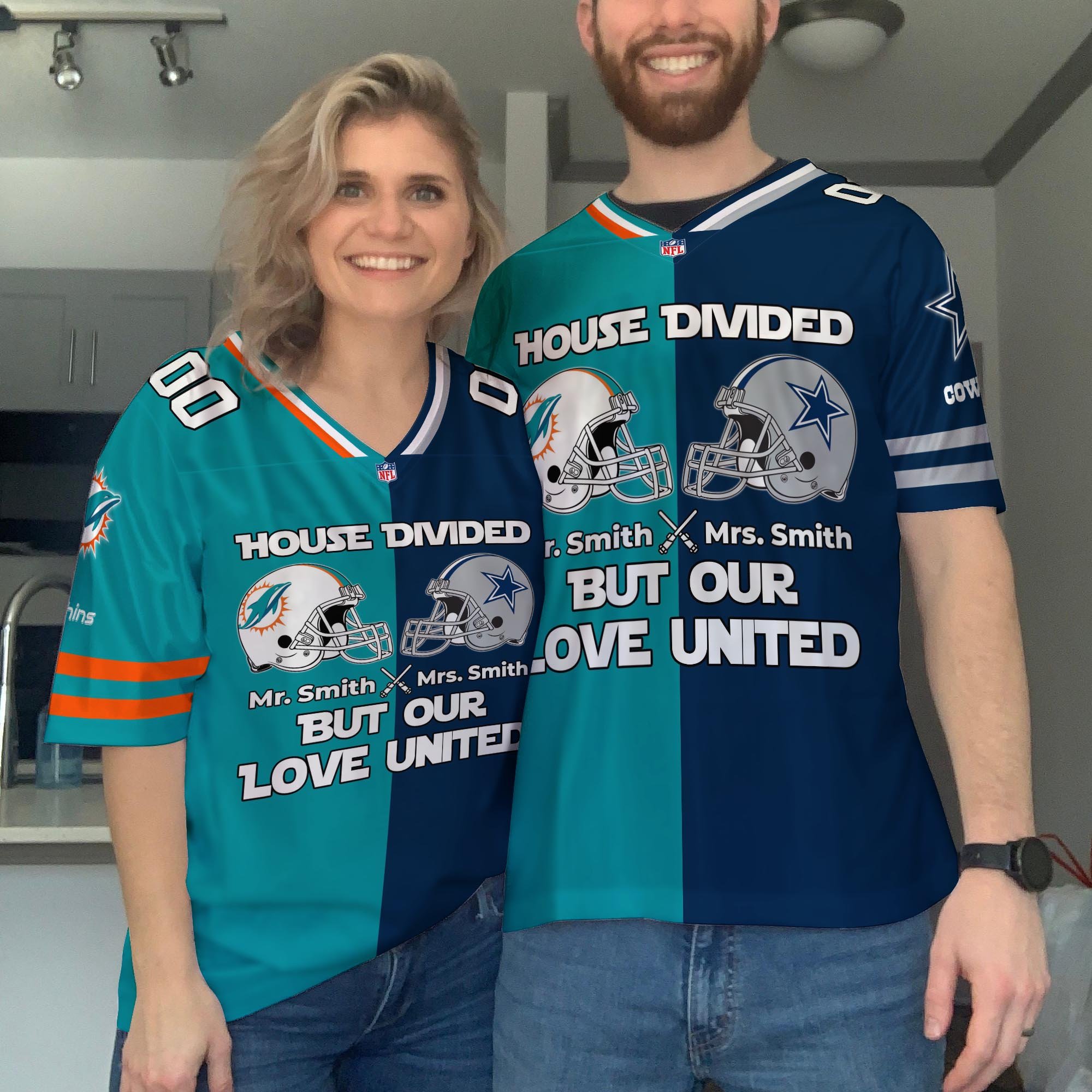Miami Dolphins Football Jersey Custom Husband, Wife Name And Number, House Divided Jersey For Fan