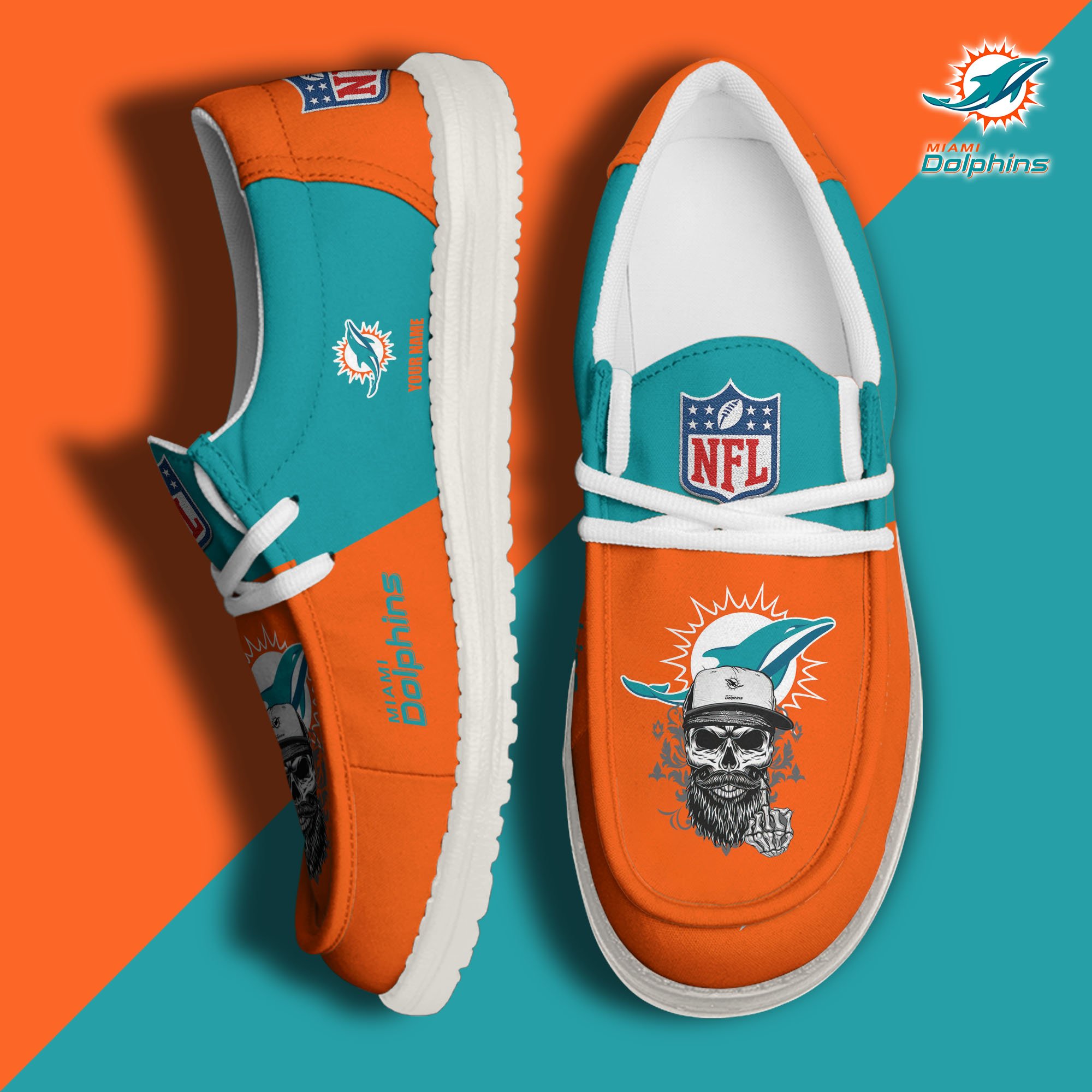 Miami Dolphins H D White Canvas Loafer Shoes Custom Your Name, Sport Canvas Loafer Shoes