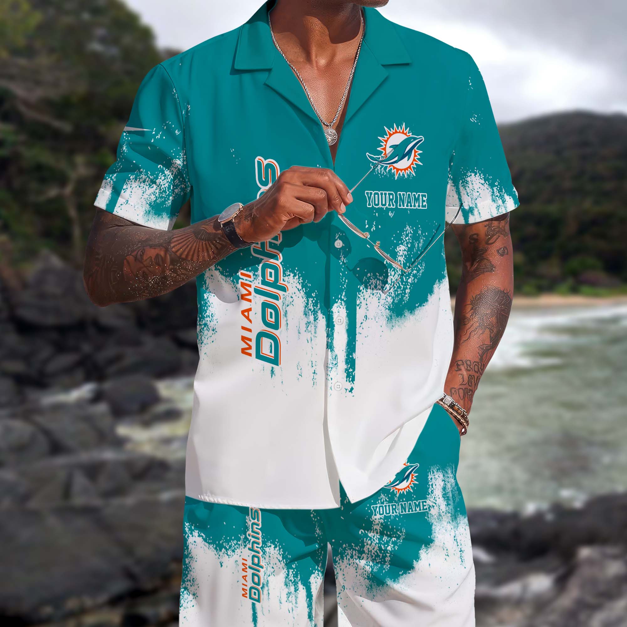 Miami Dolphins Hawaiian Shorts Set Custom You Name, Sport Shorts, Gifts For Fan