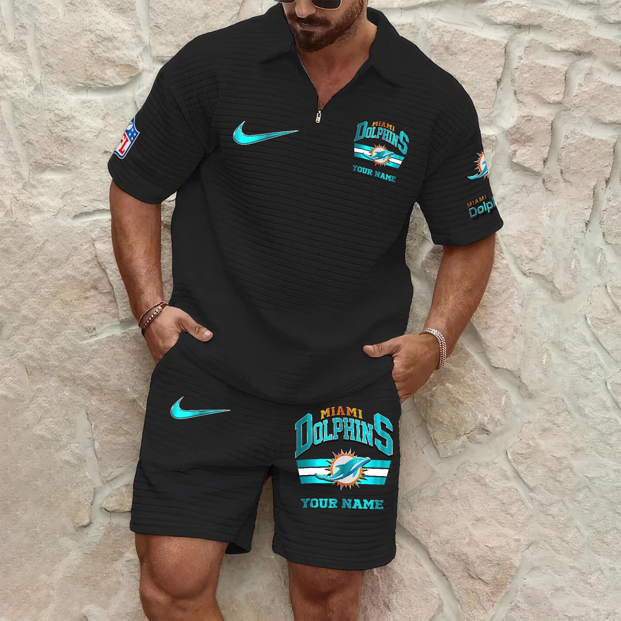 Miami Dolphins Mens Waffle Pattern Half Zipper Shirt And Short Custom Your Name, Gifts For Football Lovers