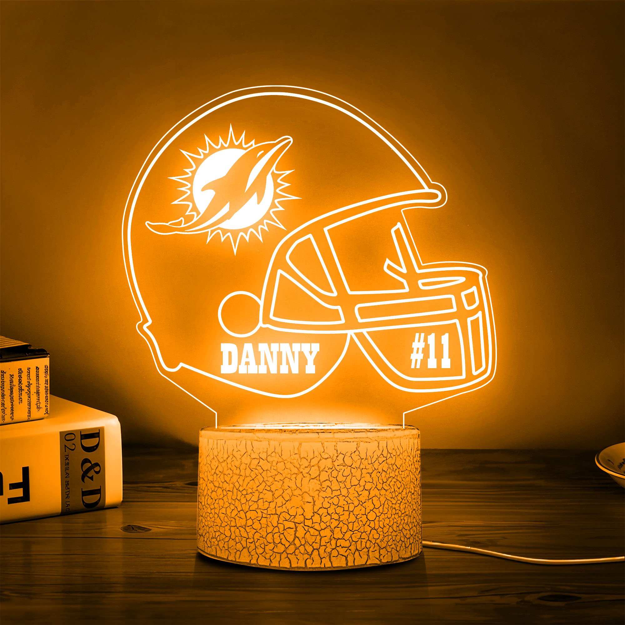 Miami Dolphins Team 3D Led Lamp Custom Number And Name, Led Lamp For Sport Fans 