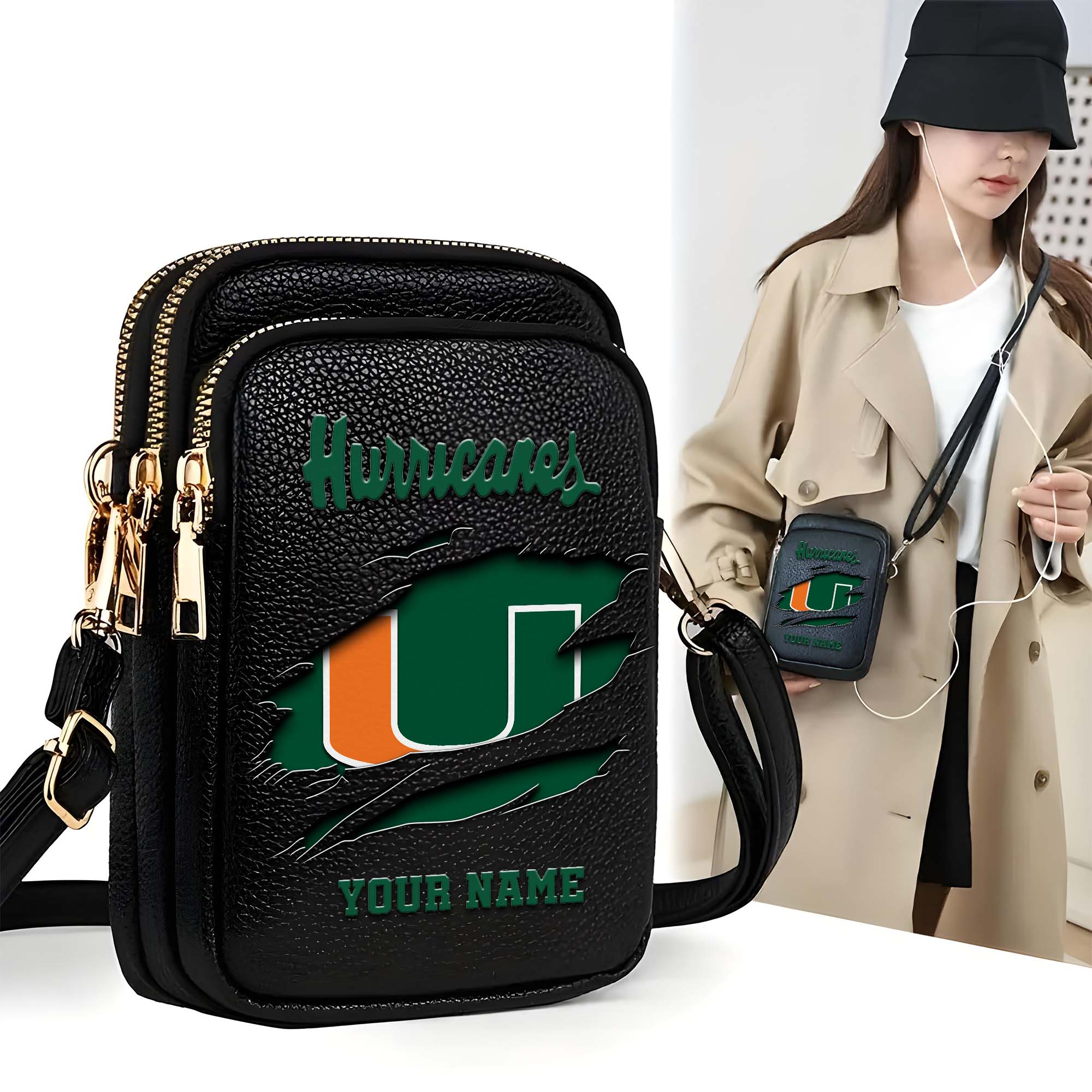 Miami Hurricanes Customized Womens Mobile Phone Bag With Your Name, Leather Crossbody Bag, Fan Gifts