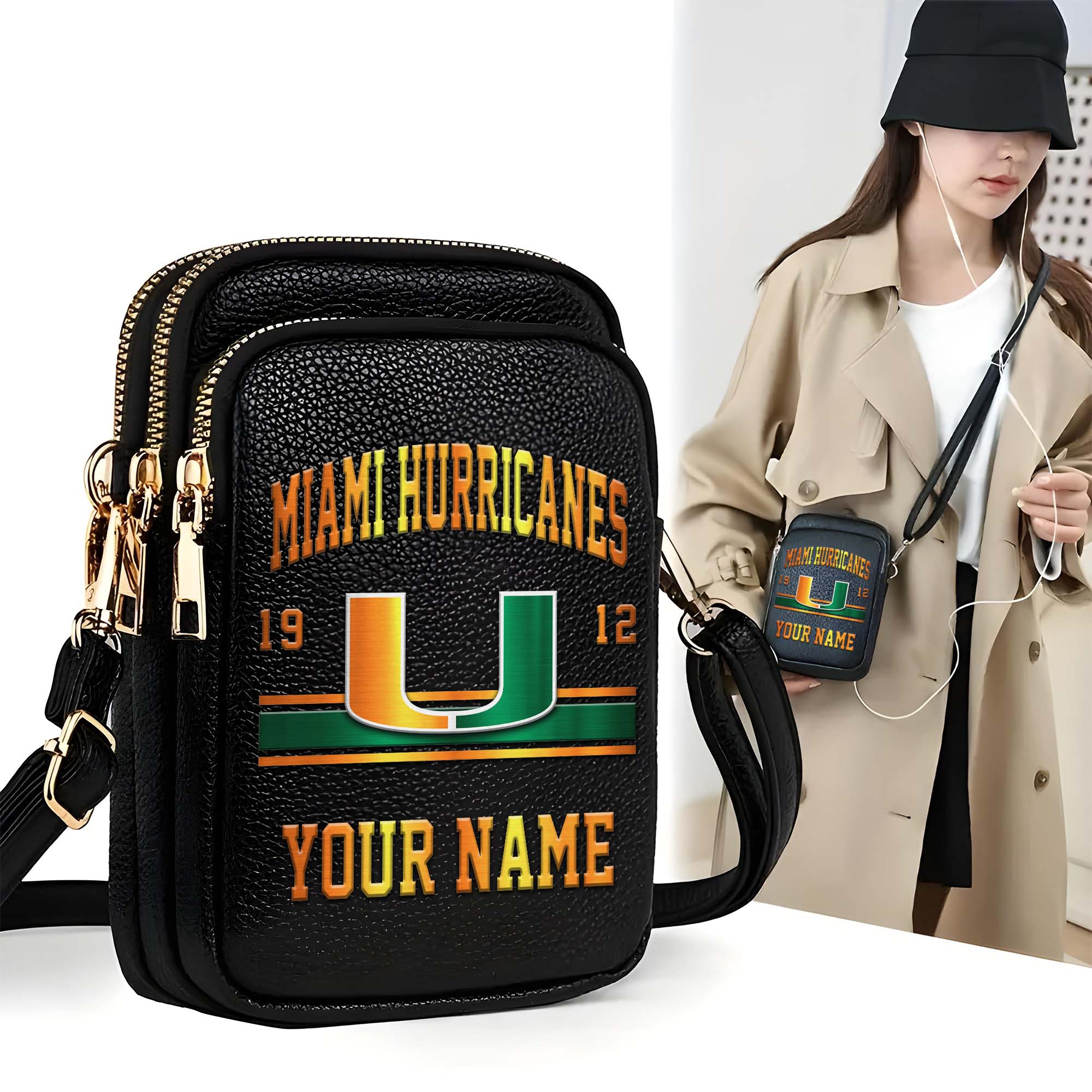 Miami Hurricanes Customized Womens Mobile Phone Bag With Your Name, Leather Crossbody Bag, Fan Gifts