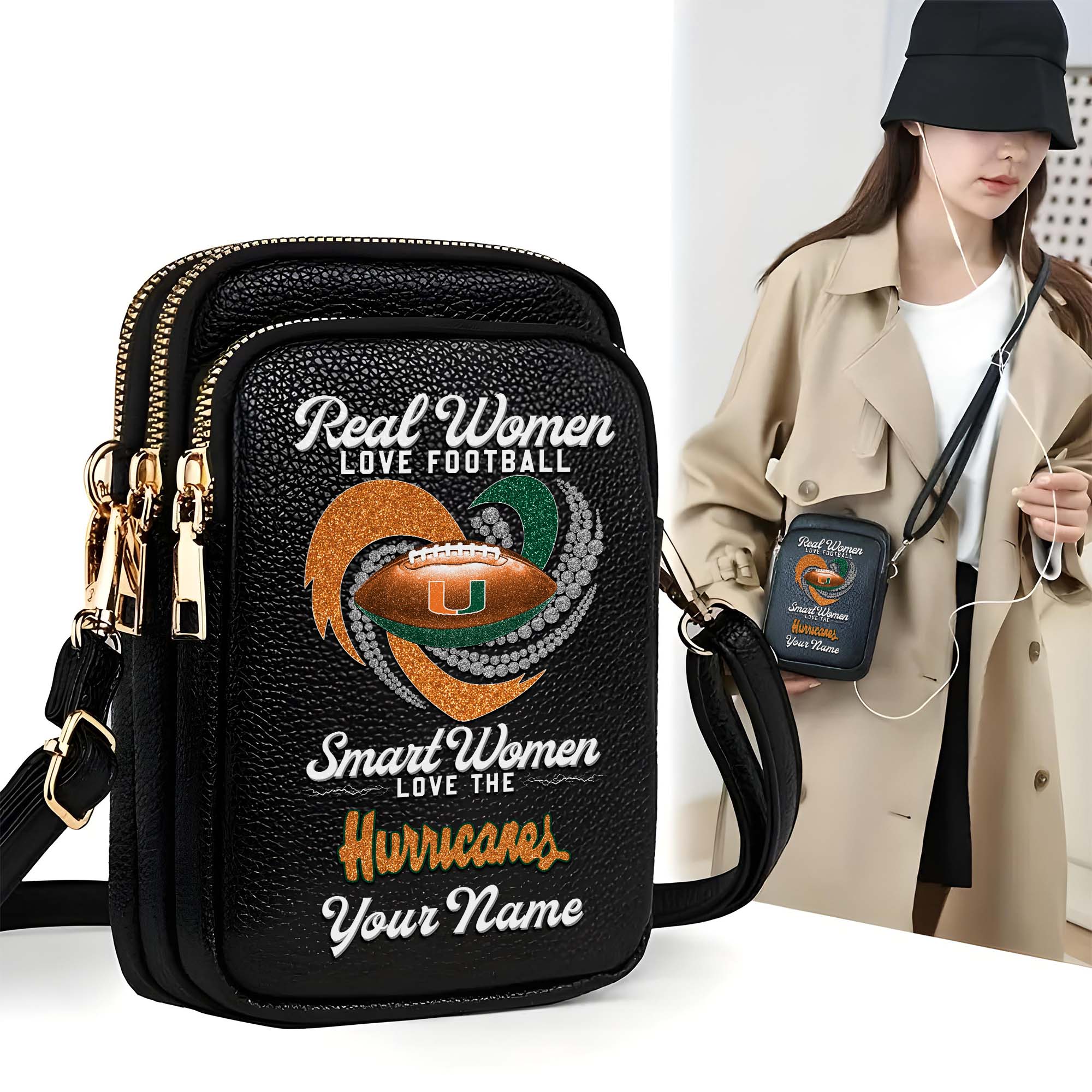 Miami Hurricanes Customized Womens Mobile Phone Bag With Your Name, Leather Crossbody Bag, Fan Gifts