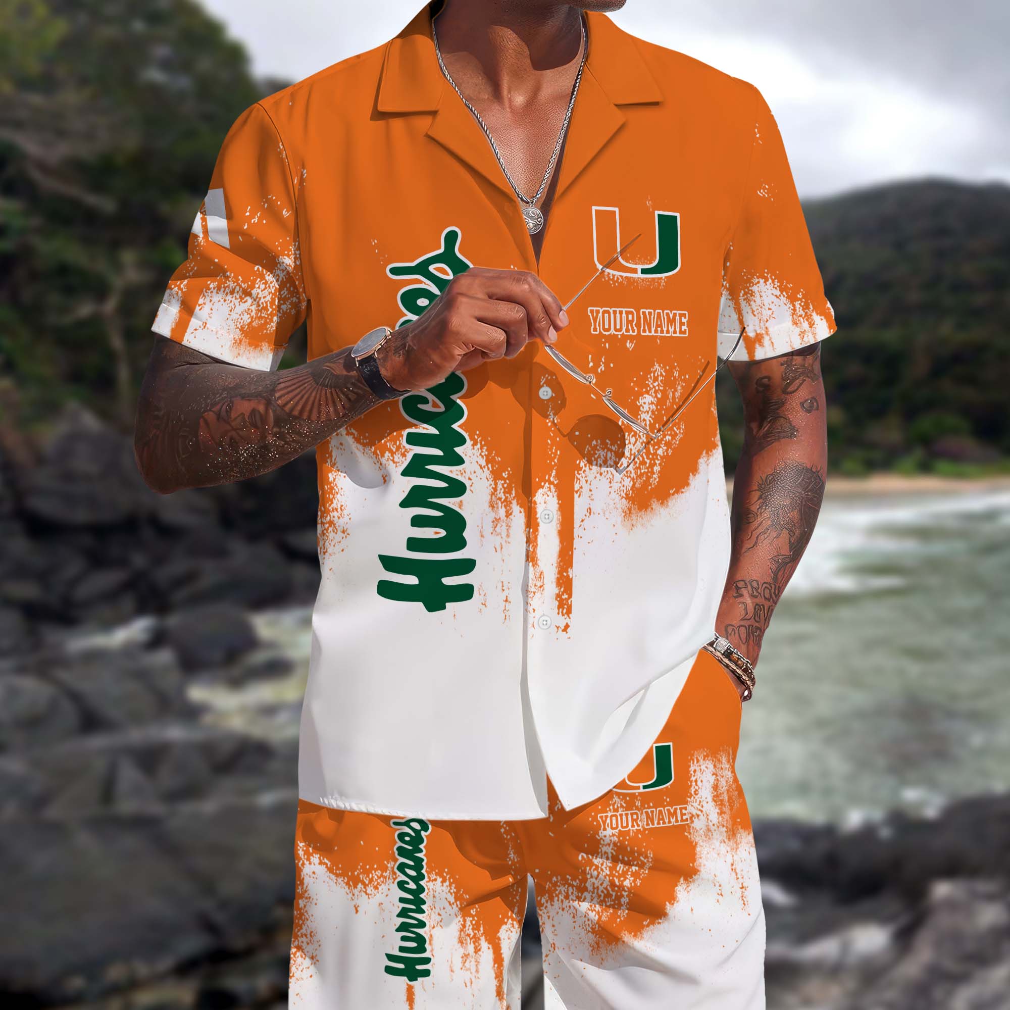 Miami Hurricanes Hawaiian Shorts Set Custom You Name, Sports Shorts, Gifts For Fan