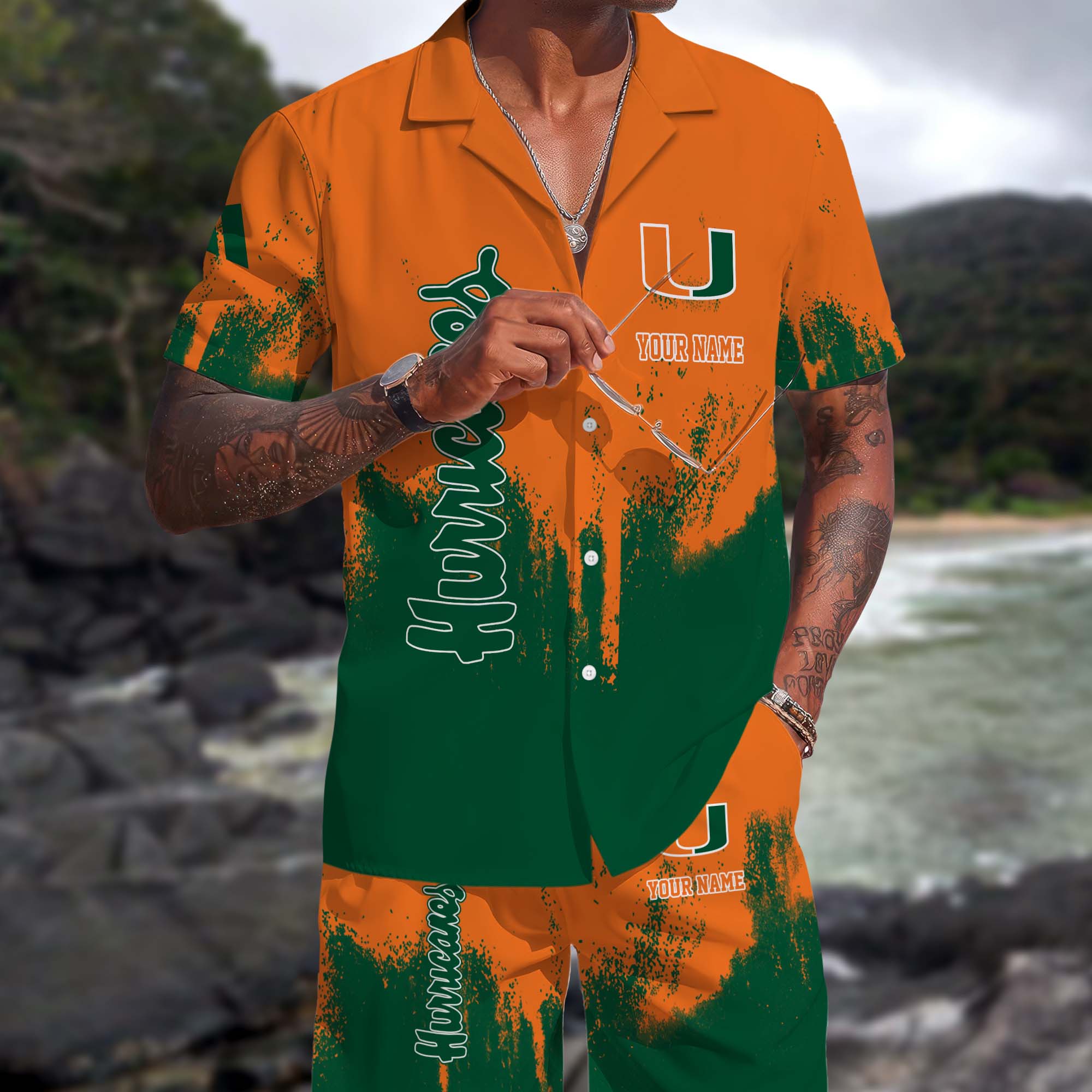 Miami Hurricanes Hawaiian Shorts Set Custom You Name, Sports Shorts, Gifts For Fan