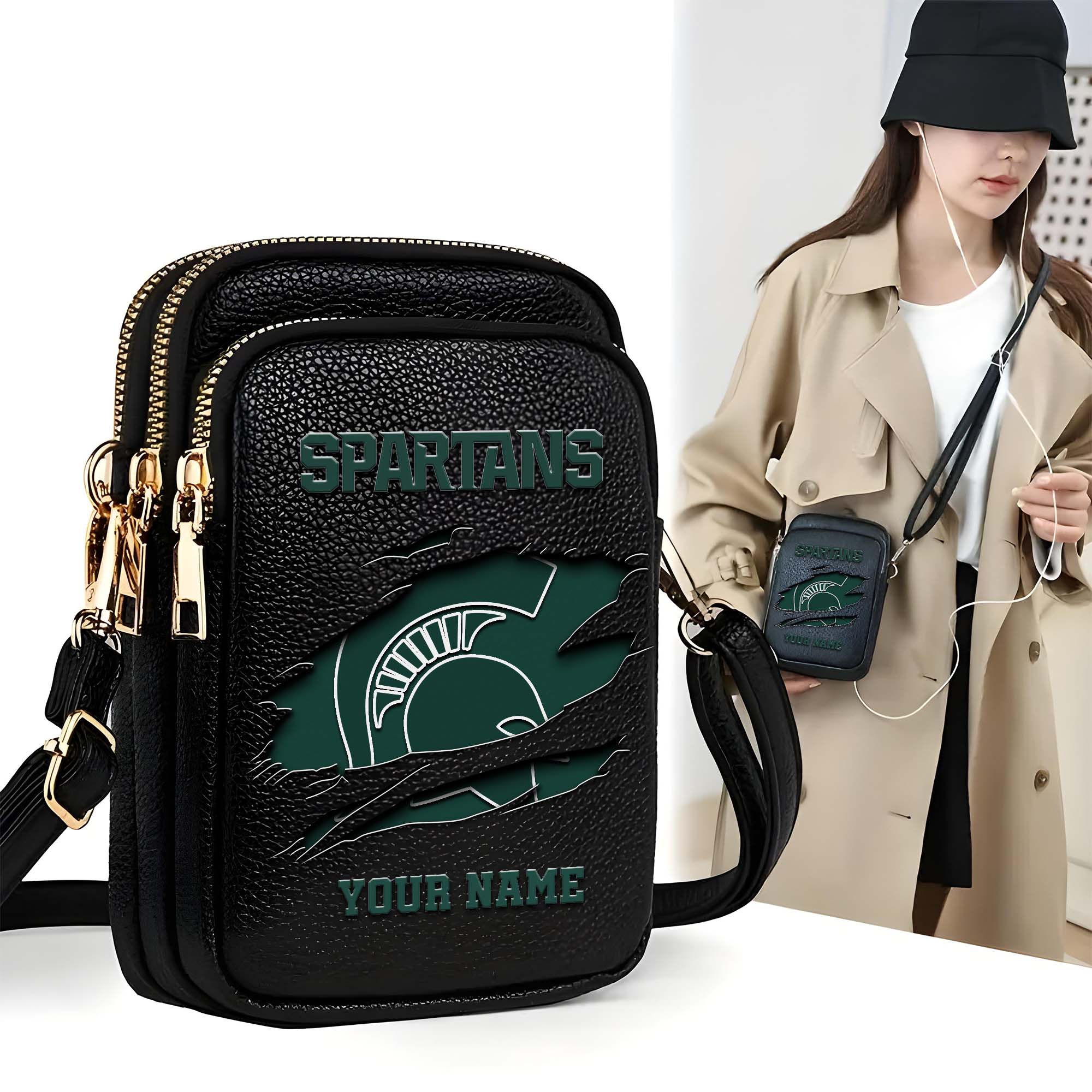 Michigan State Spartans Customized Womens Mobile Phone Bag With Your Name, Leather Crossbody Bag, Fan Gifts