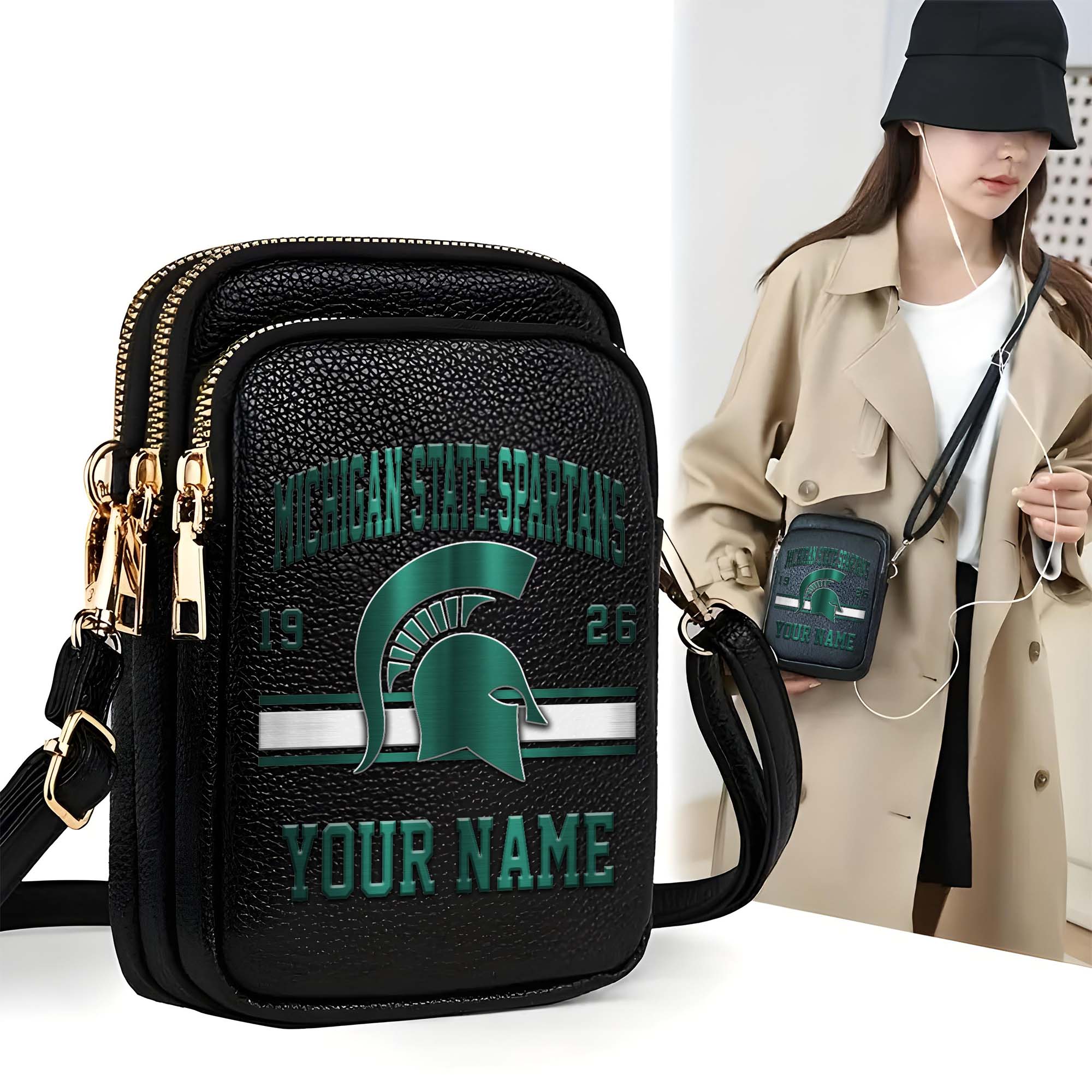 Michigan State Spartans Customized Womens Mobile Phone Bag With Your Name, Leather Crossbody Bag, Fan Gifts