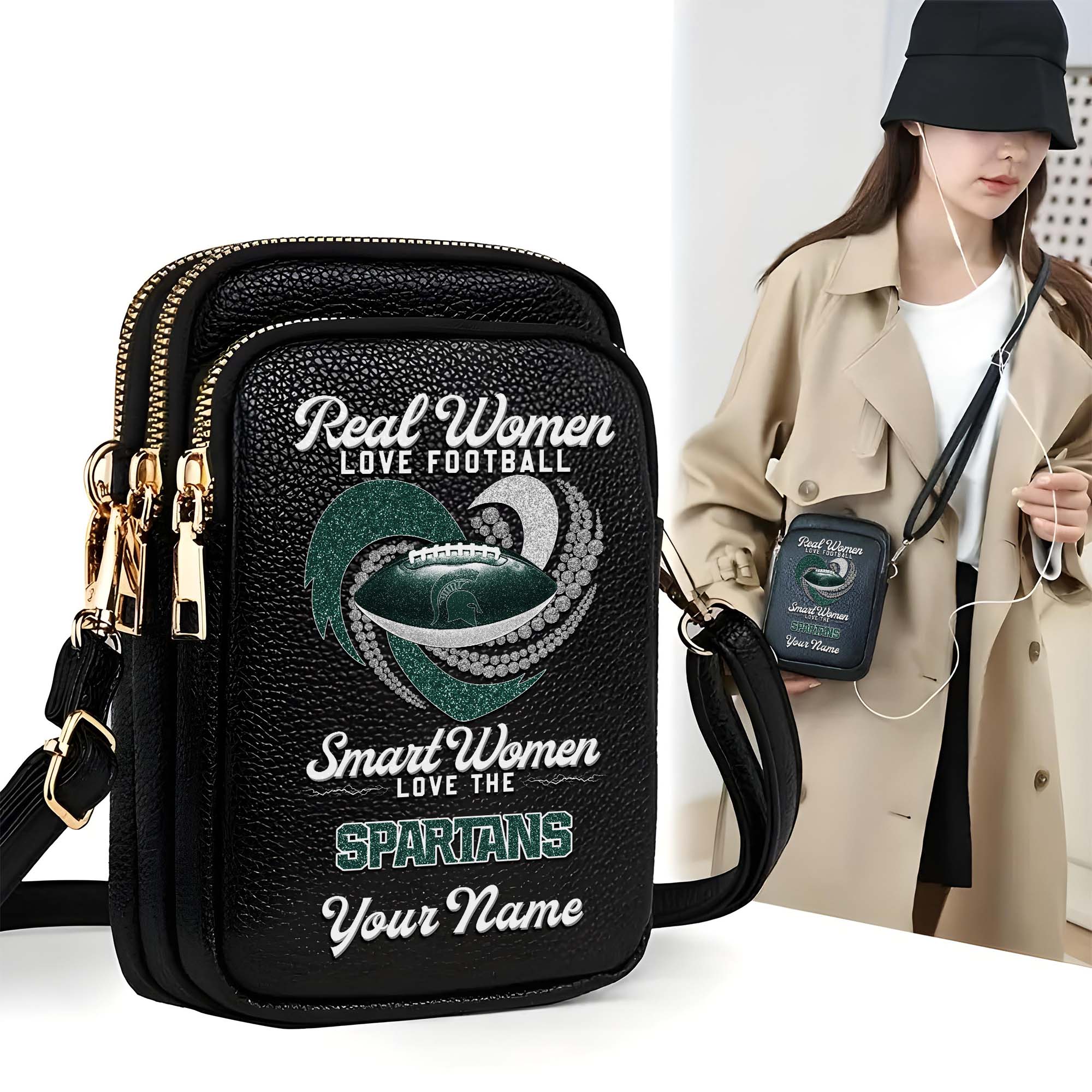 Michigan State Spartans Customized Womens Mobile Phone Bag With Your Name, Leather Crossbody Bag, Fan Gifts
