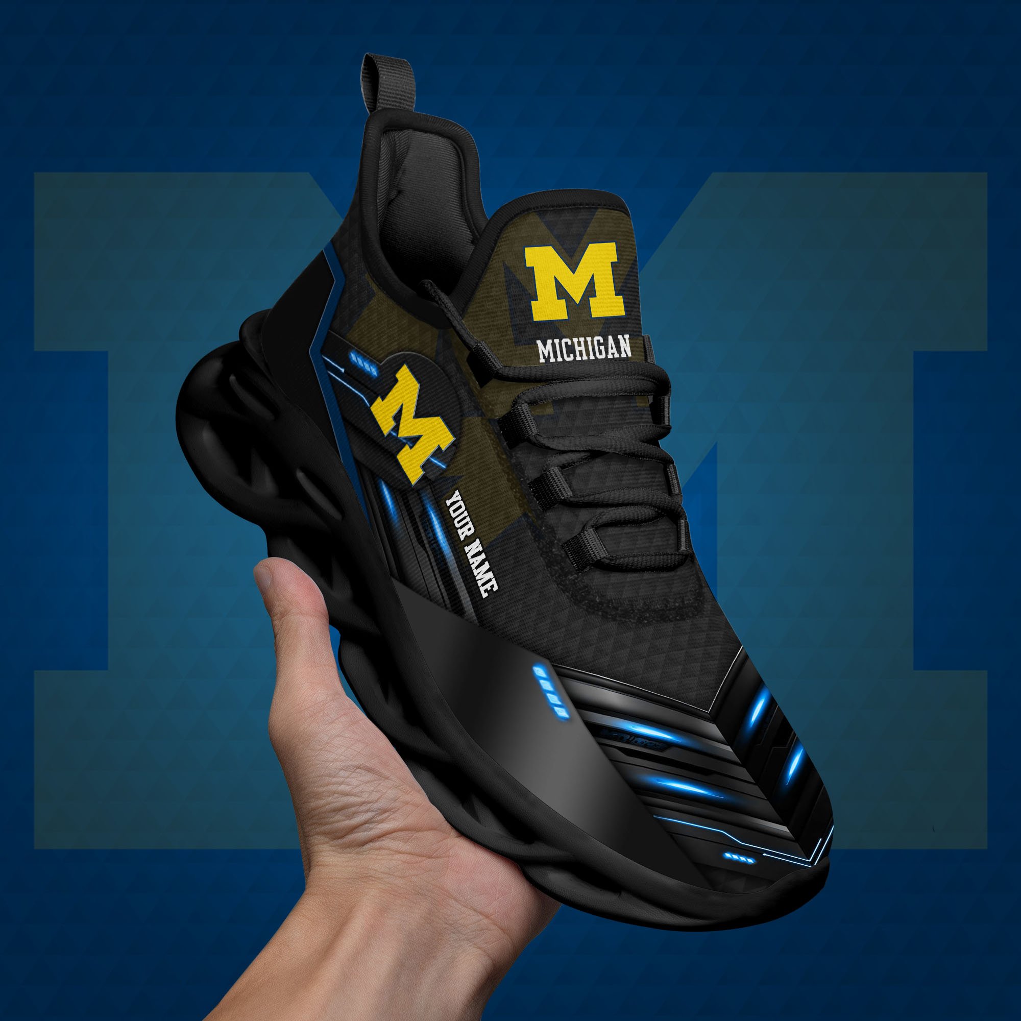 Michigan Wolverines Black Clunky Sneaker Custom Name, Max Soul Shoes, Sport Gifts For Fan