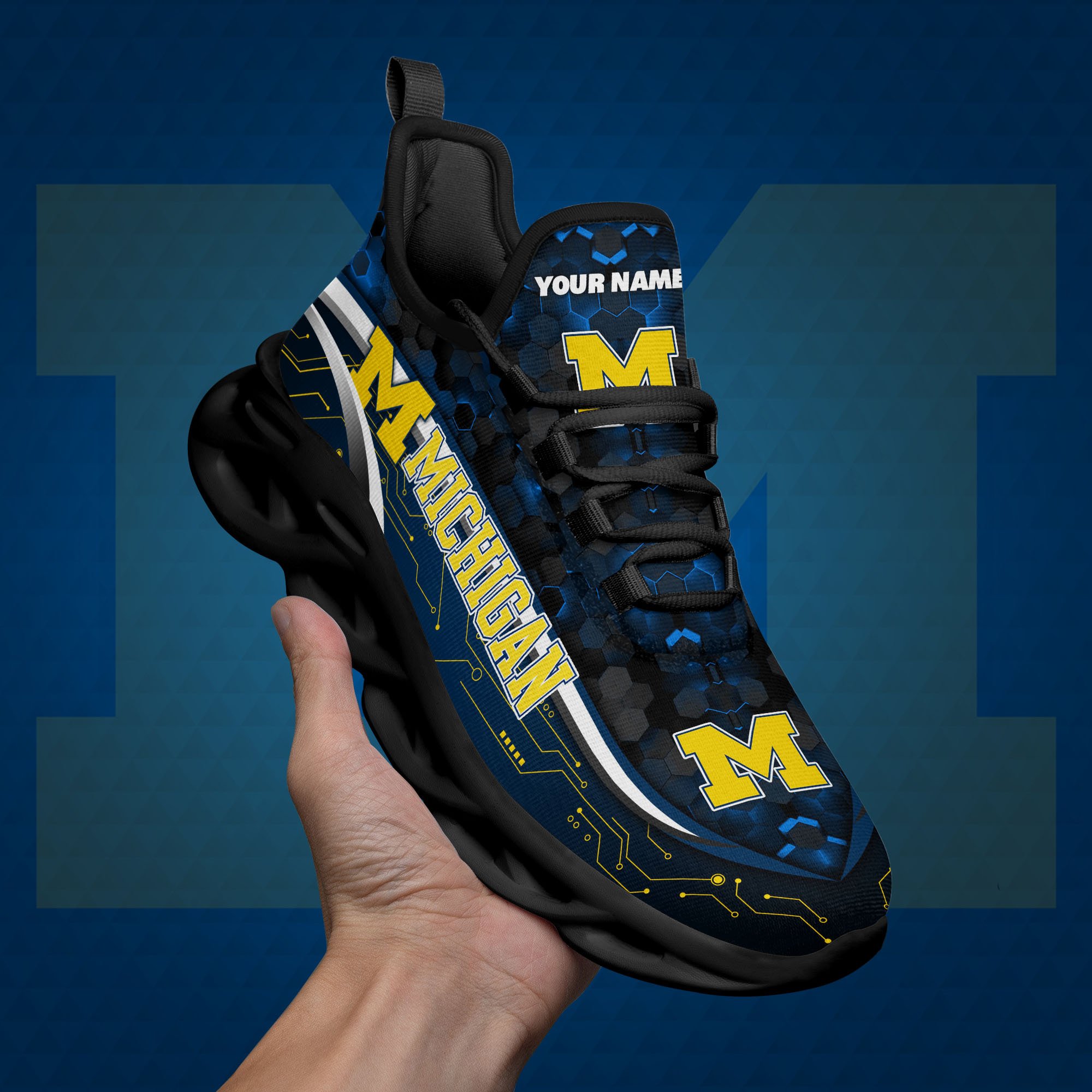Michigan Wolverines Black Clunky Sneakers Custom Name, Max Soul Shoes, Sport Gifts