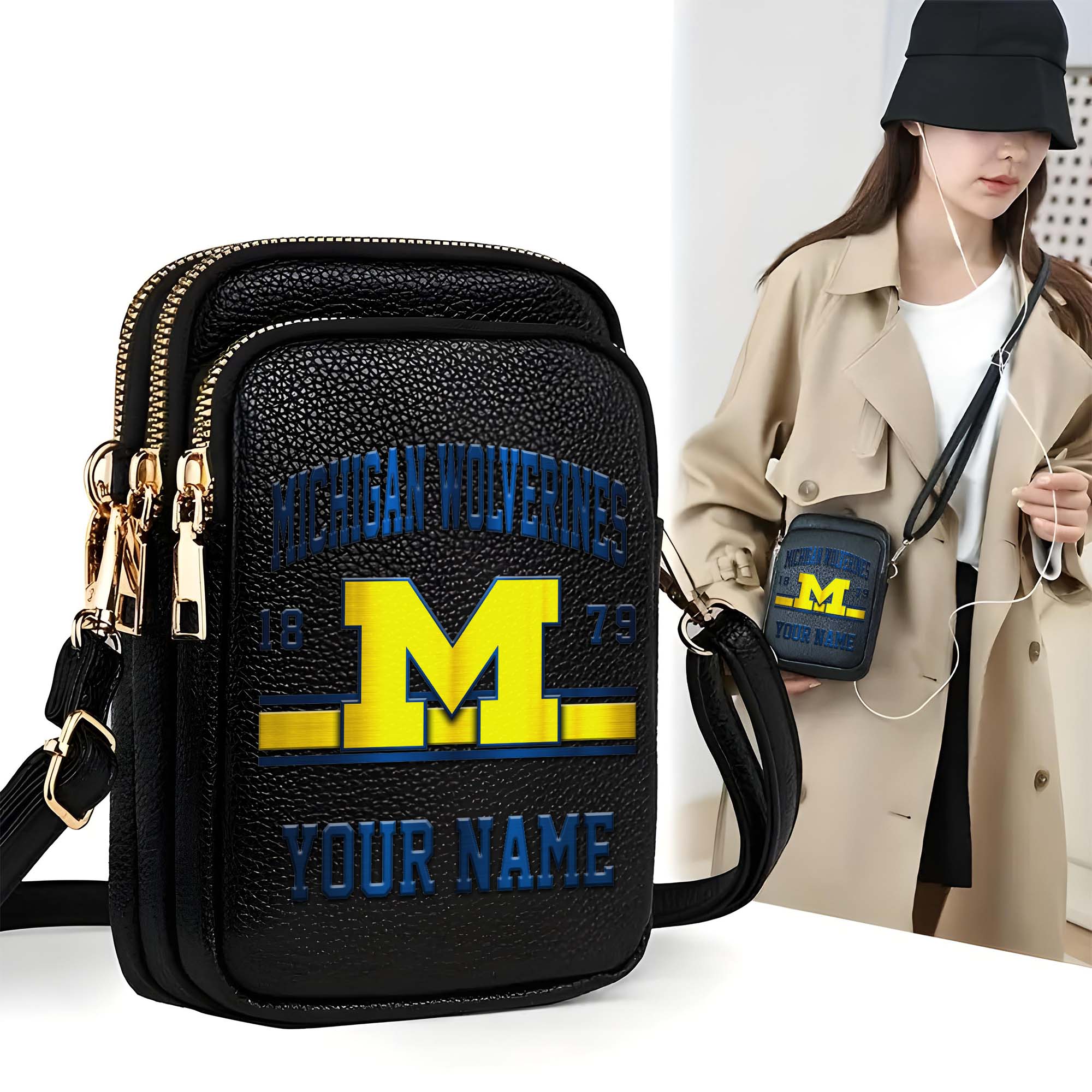 Michigan Wolverines Customized Womens Mobile Phone Bag With Your Name, Leather Crossbody Bag, Fan Gifts