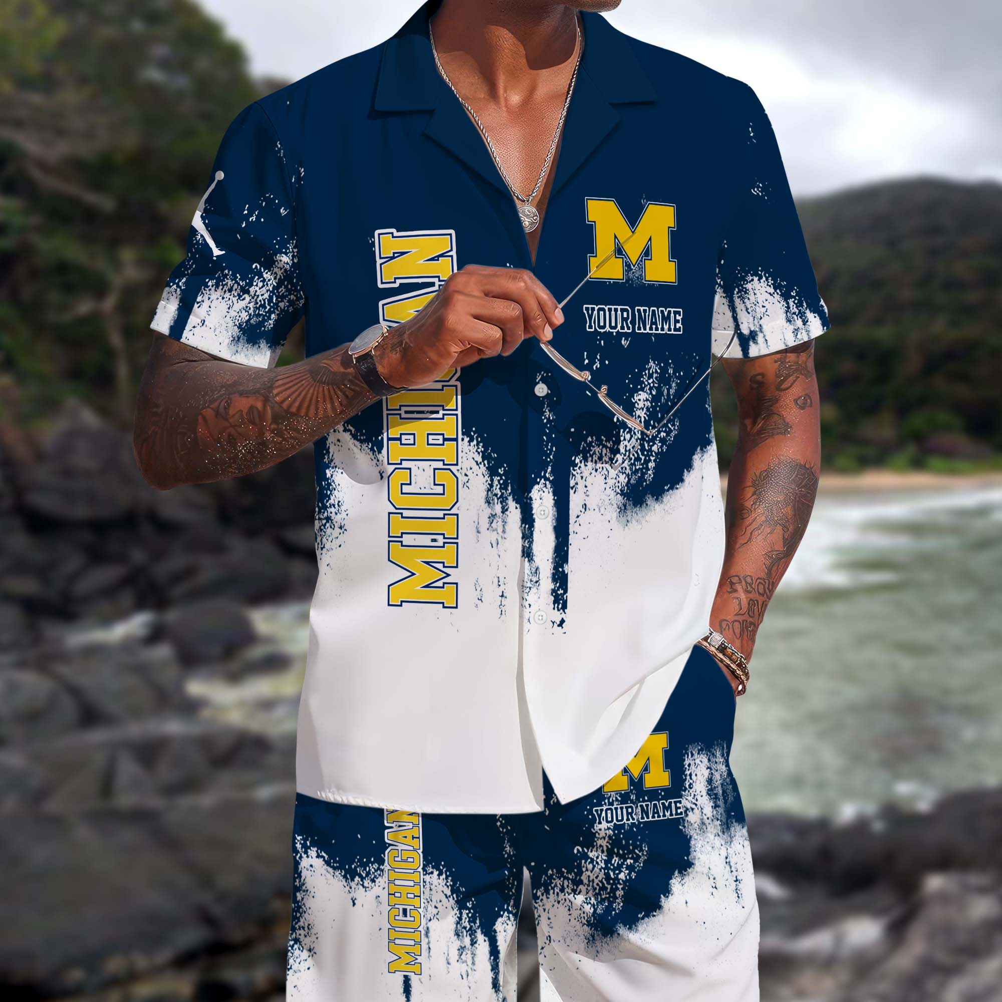 Michigan Wolverines Hawaiian Shorts Set Custom You Name, Sports Shorts, Gifts For Fan