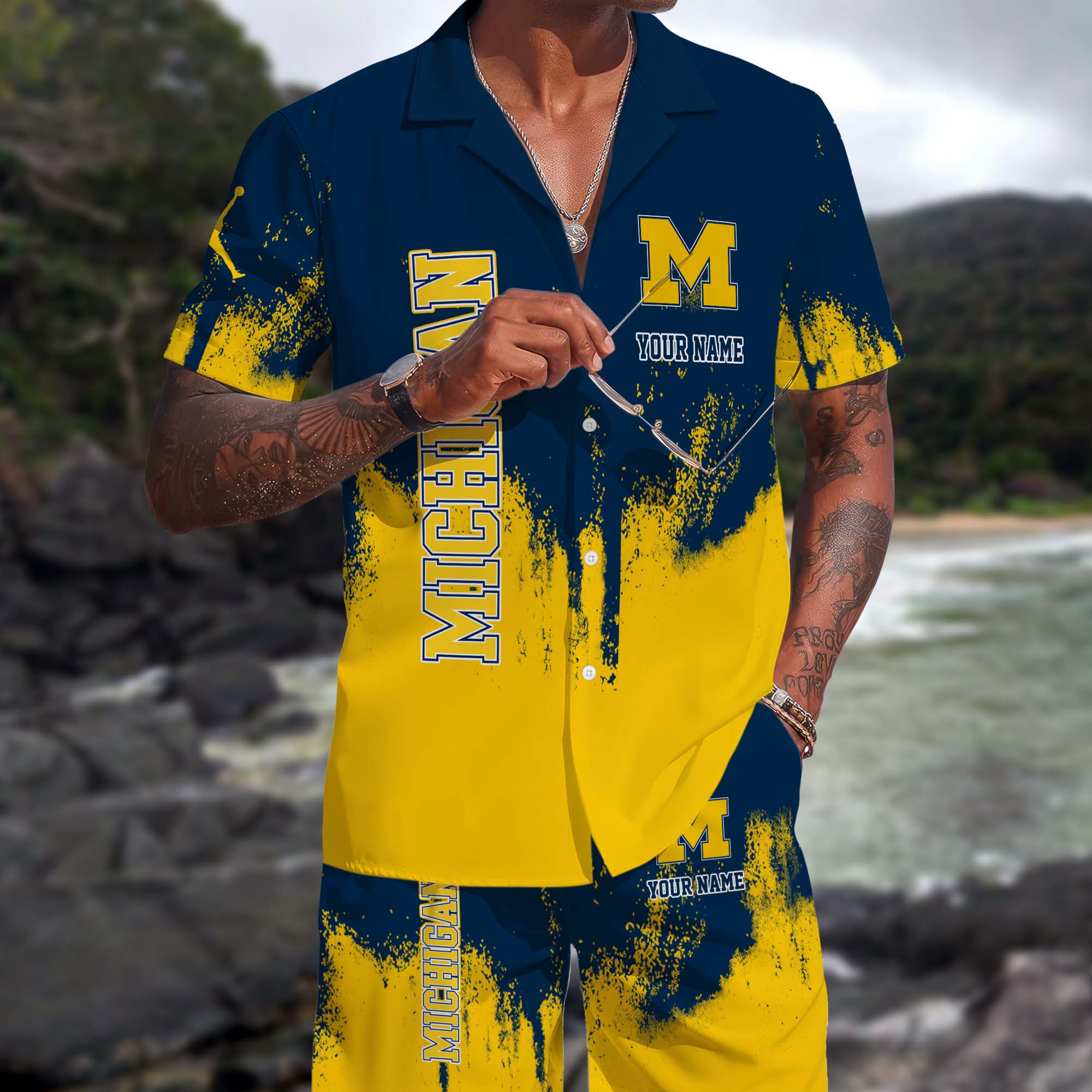 Michigan Wolverines Hawaiian Shorts Set Custom You Name, Sports Shorts, Gifts For Fan