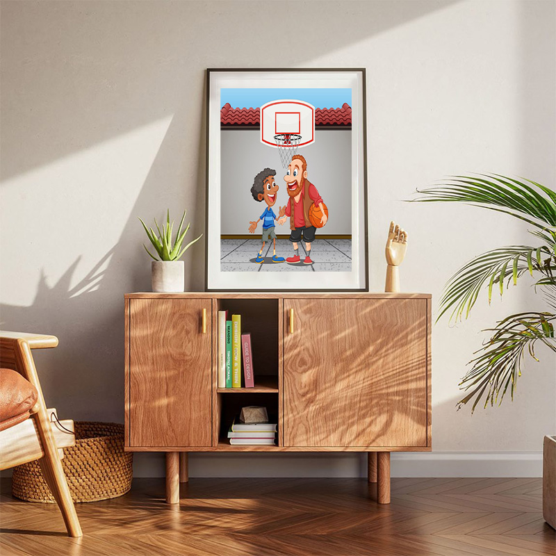 Middle Age Man Playing Basketball With A Boy Poster