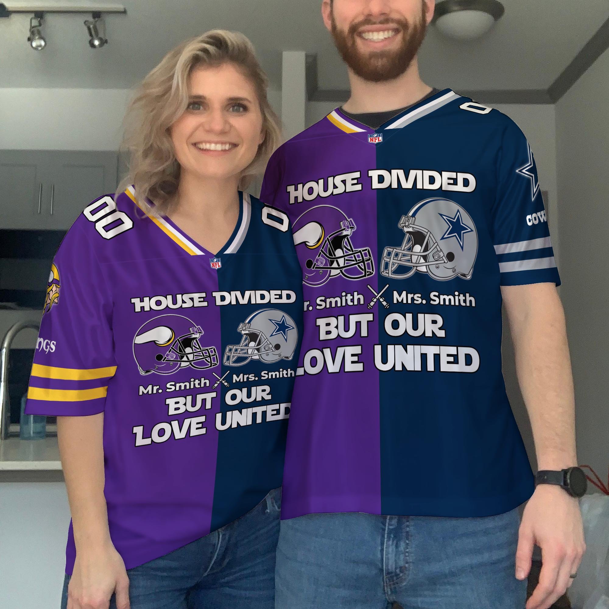 Minnesota Vikings Football Jersey Custom Husband, Wife Name And Number, House Divided Jersey For Fan