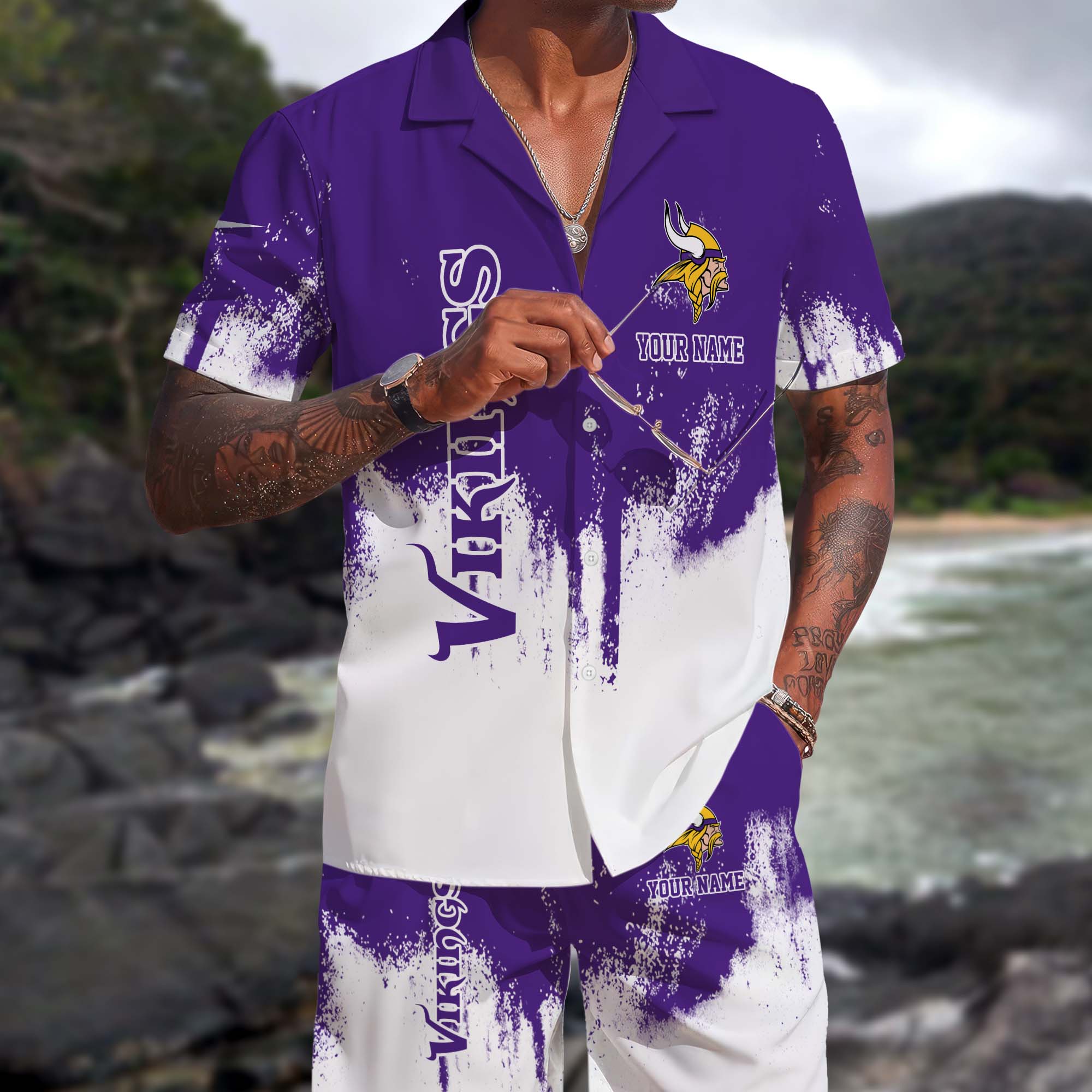 Minnesota Vikings Hawaiian Shorts Set Custom You Name, Sport Shorts, Gifts For Fan