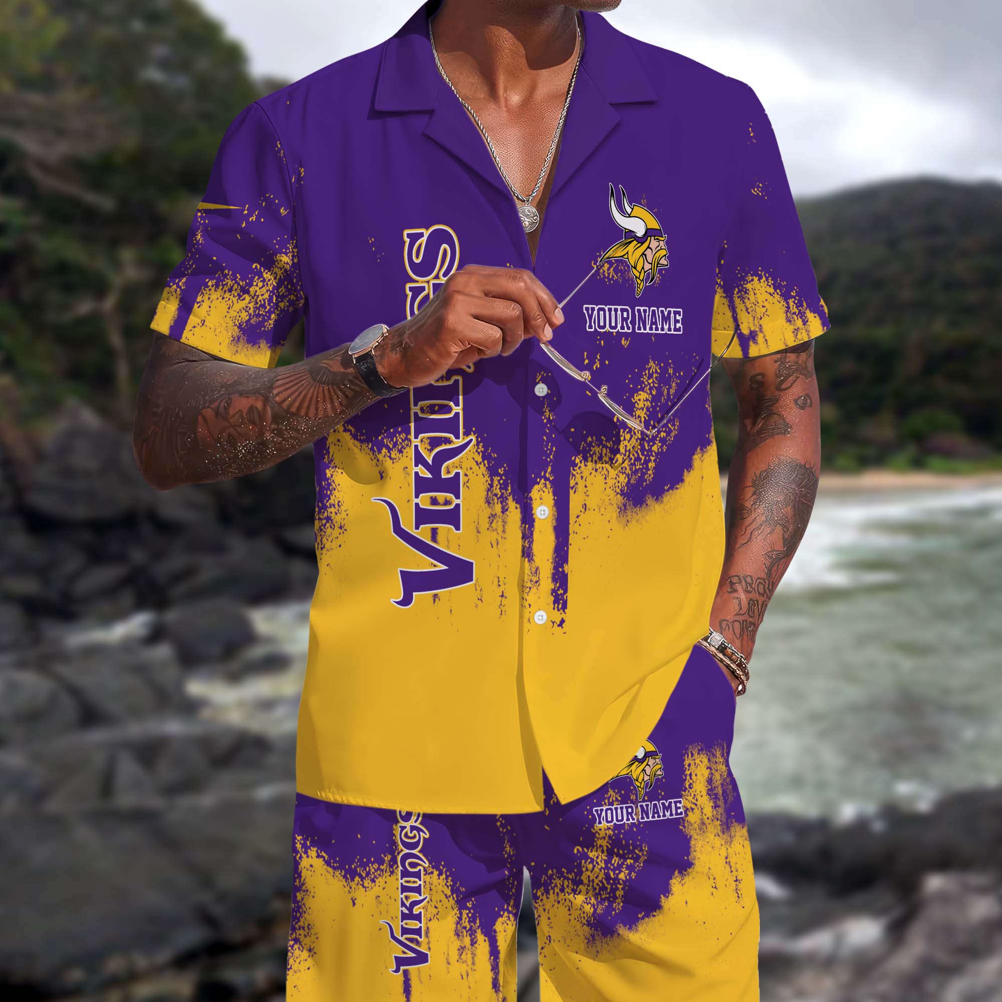 Minnesota Vikings Hawaiian Shorts Set Custom You Name, Sport Shorts, Gifts For Fan