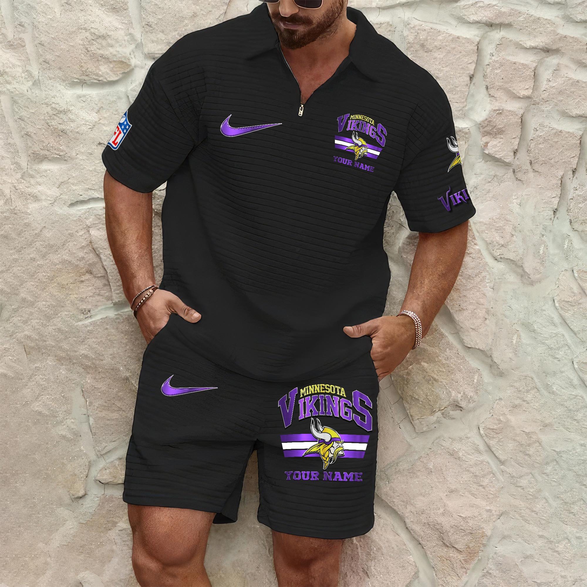Minnesota Vikings Mens Waffle Pattern Half Zipper Shirt And Short Custom Your Name, Gifts For Football Lovers