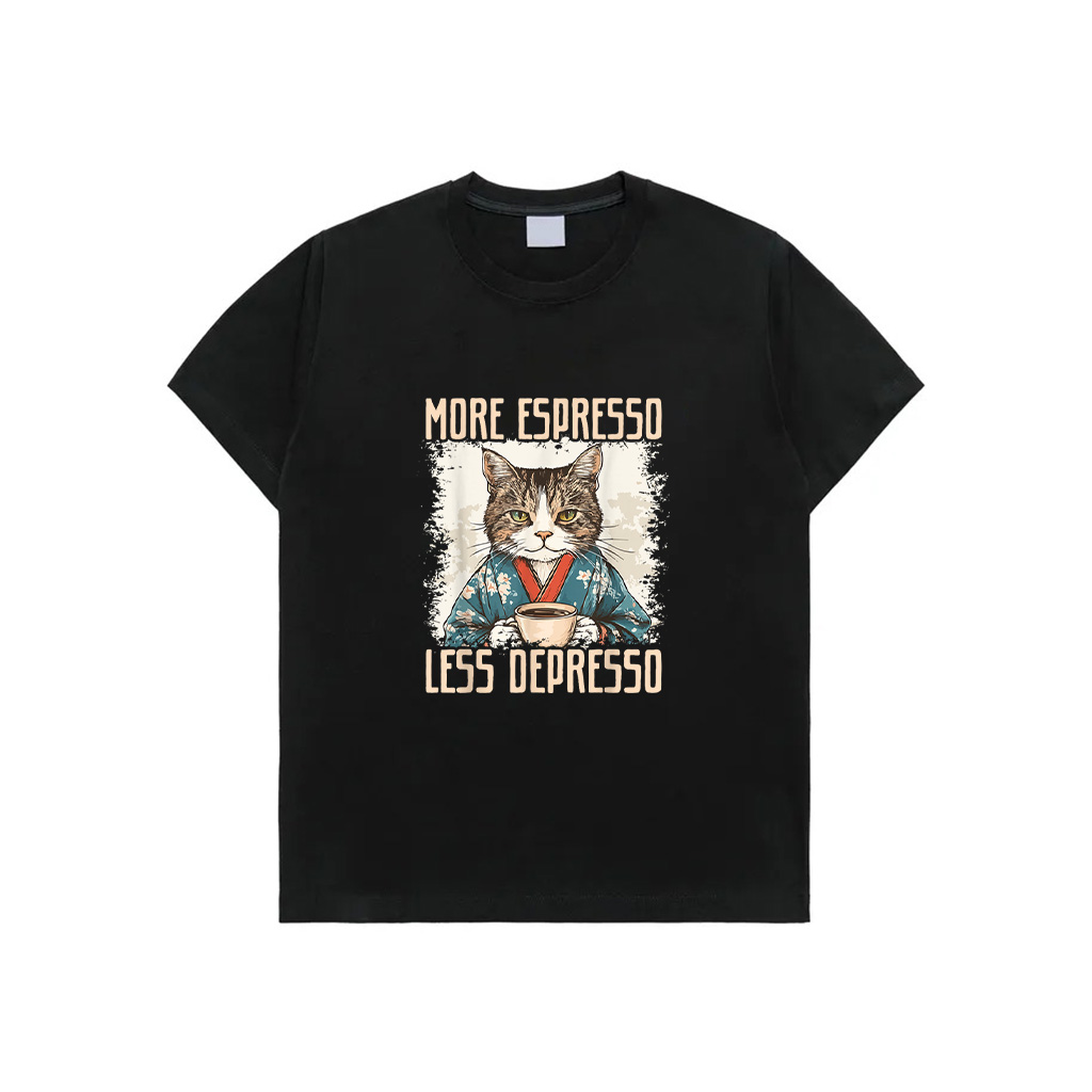 More Espresso Less Depresso Funny Coffee Cat Vintage Poster T-Shirt 2