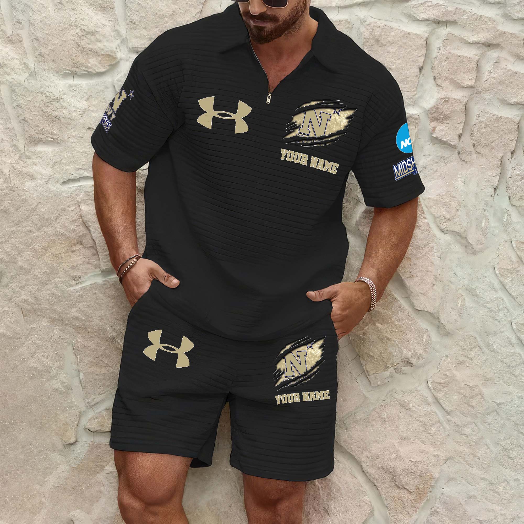 Navy Midshipmen Mens Waffle Pattern Half Zipper Shirt And Short Custom Your Name 2025 Versions, Gifts For Football Lovers