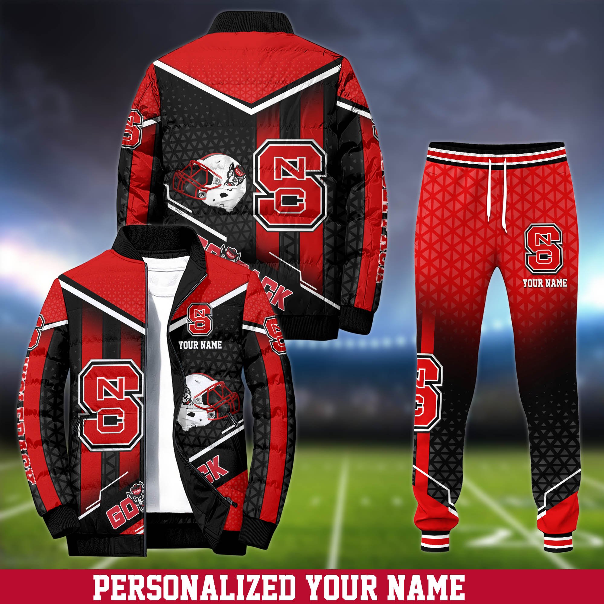 NC State Wolfpack Puffer Jacket And Sweatpants 2025 Version Personalized Your Name, Puffer Jacket For Sport Fans, Sport Sweatpants, Gifts For Sport