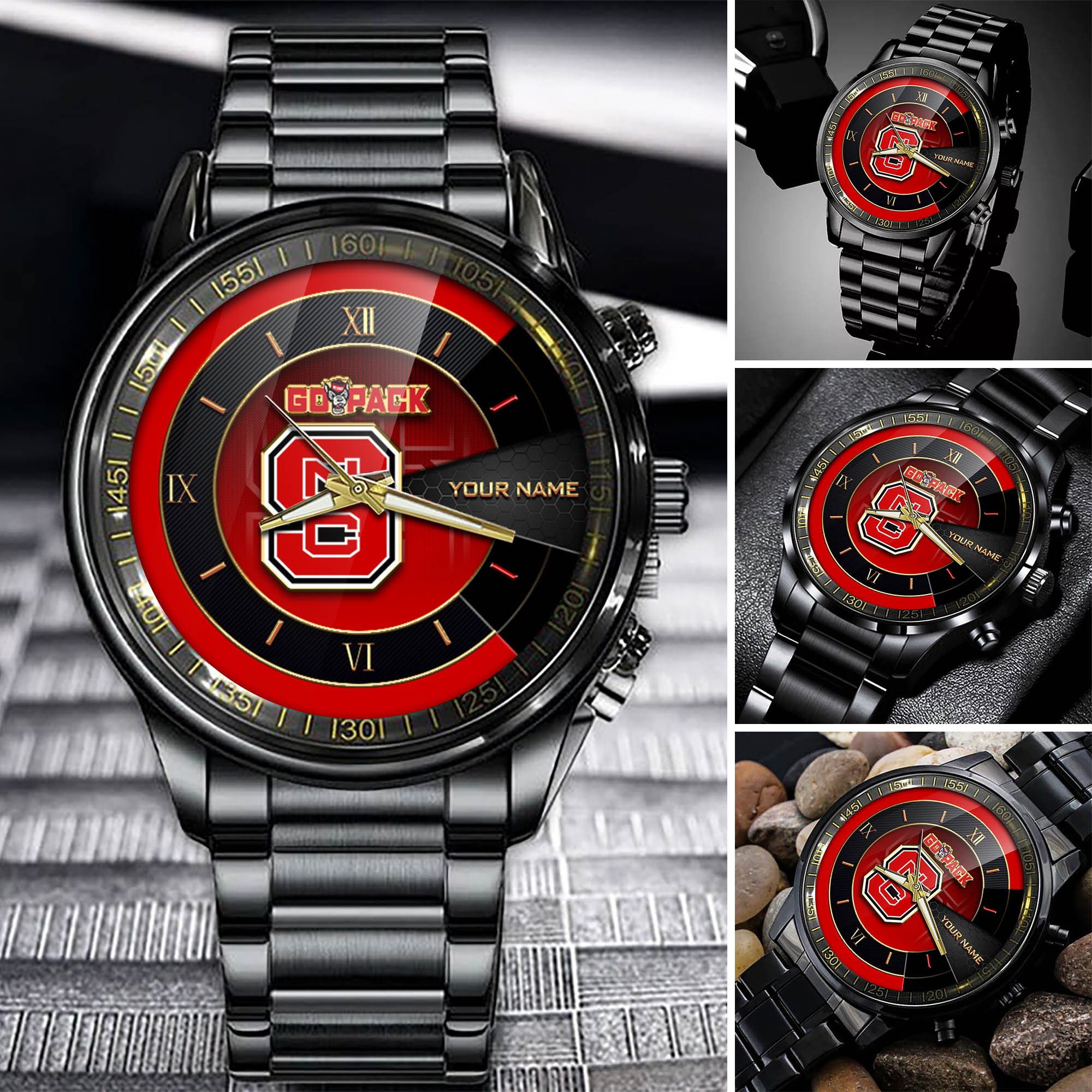 NC State Wolfpack Team Black Fashion Watch 2025 Version Custom Your Name, Black Fashion Watch For Sport Fan 