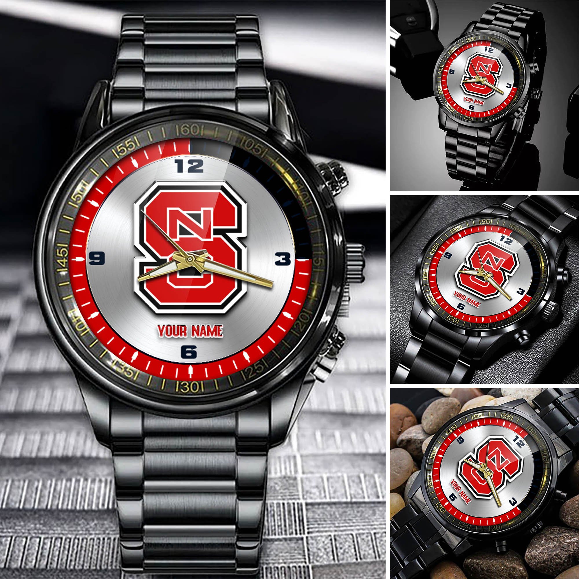 NC State Wolfpack Team Black Fashion Watch 2025 Version Personalized Your Name, Watch For Fan , Football League Gifts 