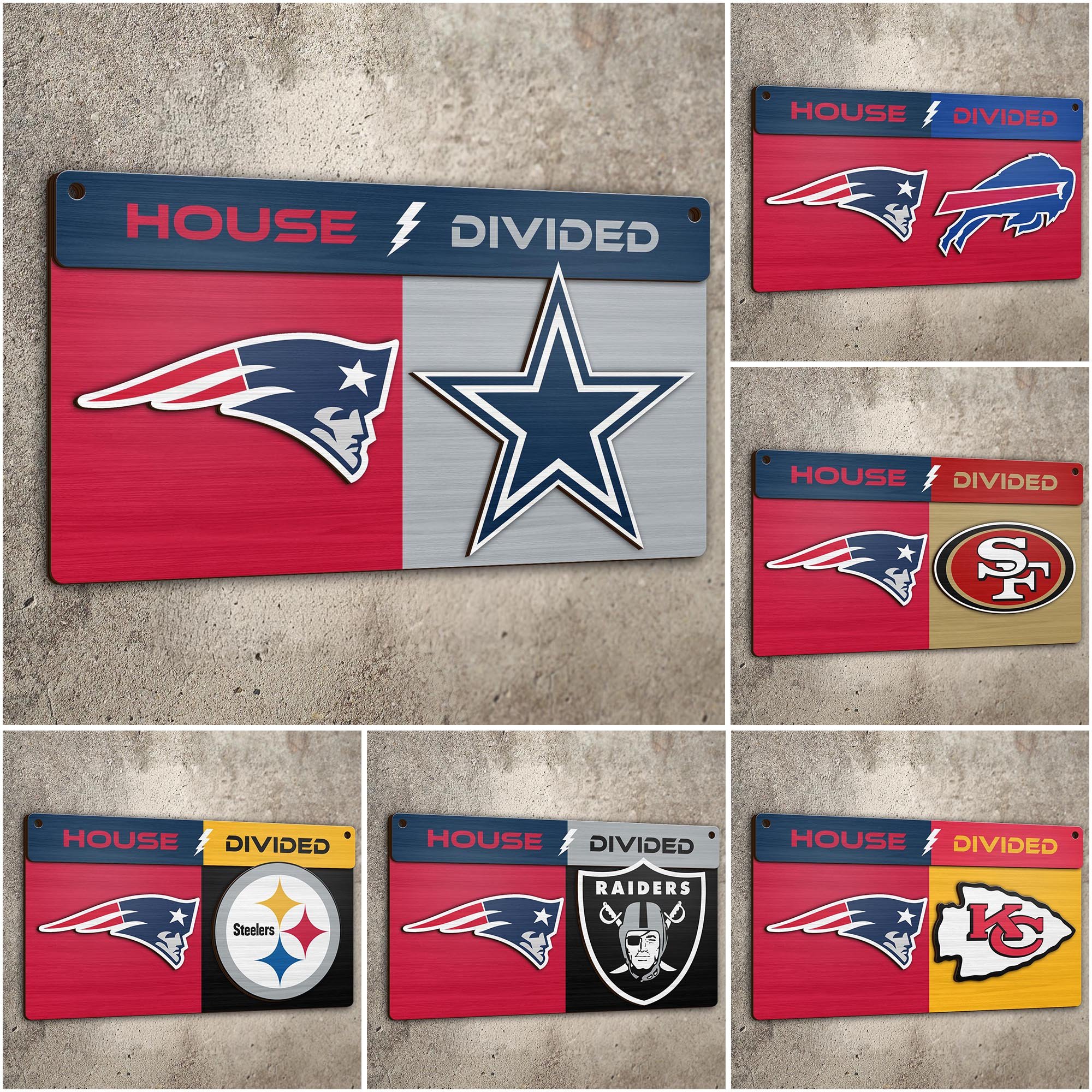 New England Patriots 2 Layers Woodsign Choose Any Team, House Divided Sign, Wall Hangings