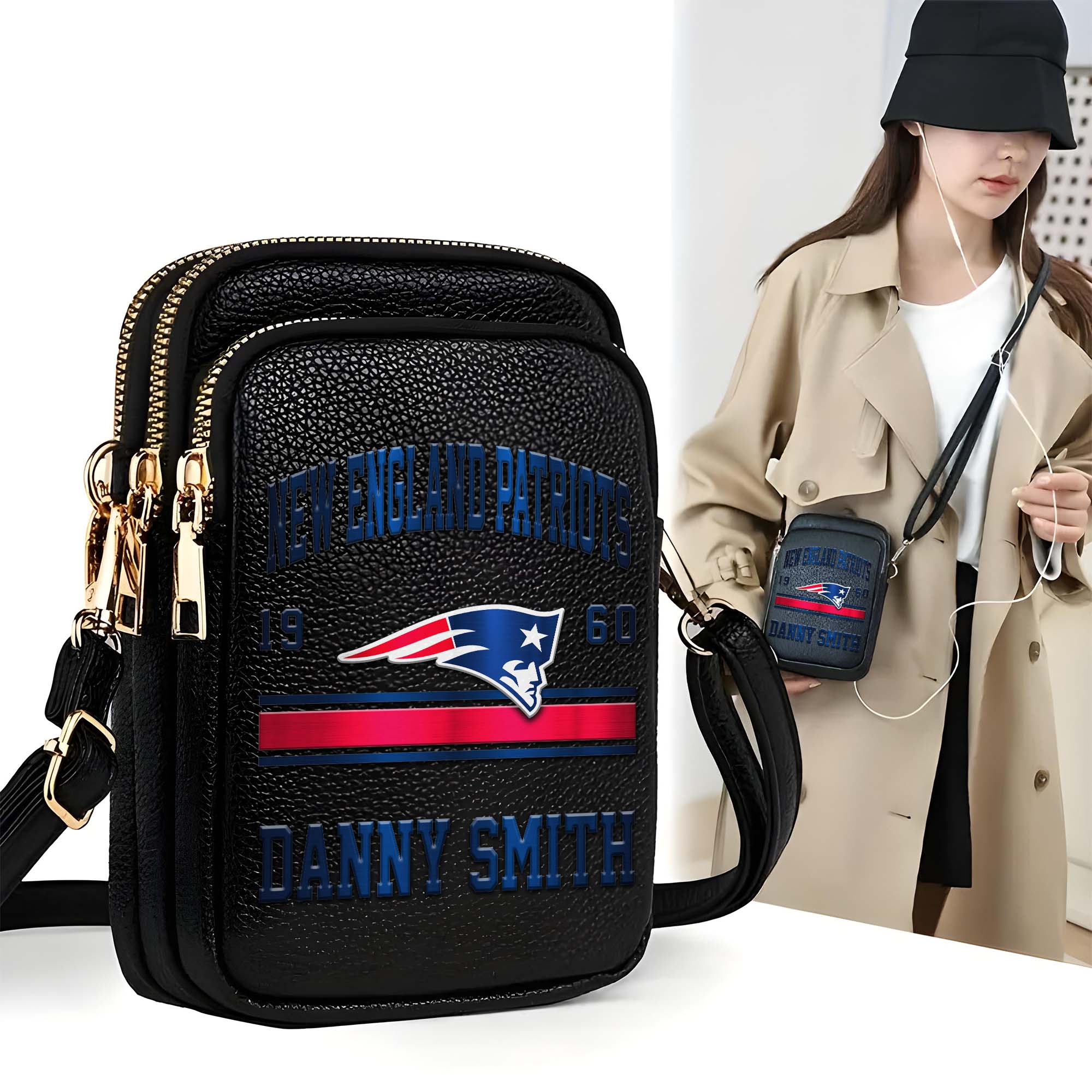 New England Patriots Customized Womens Mobile Phone Bag With Your Name, Leather Crossbody Bag, Fan Gifts