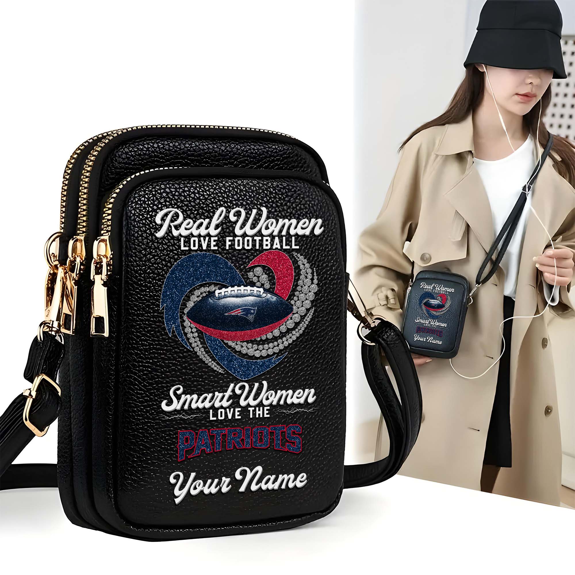 New England Patriots Customized Womens Mobile Phone Bag With Your Name, Leather Crossbody Bag, Fan Gifts
