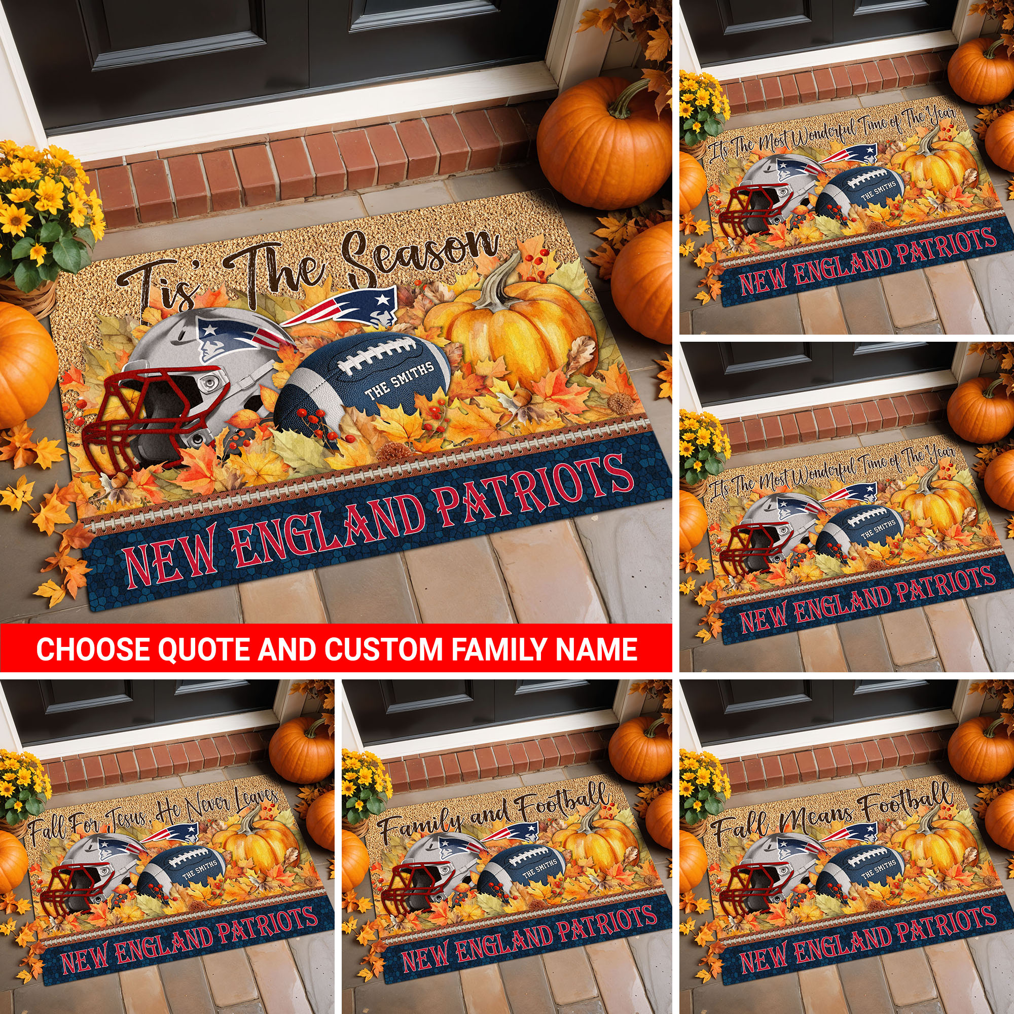 New England Patriots Doormat Custom Your Family Name And Choose Your Quotes, Sport Doormat, Sport Gifts For Fan