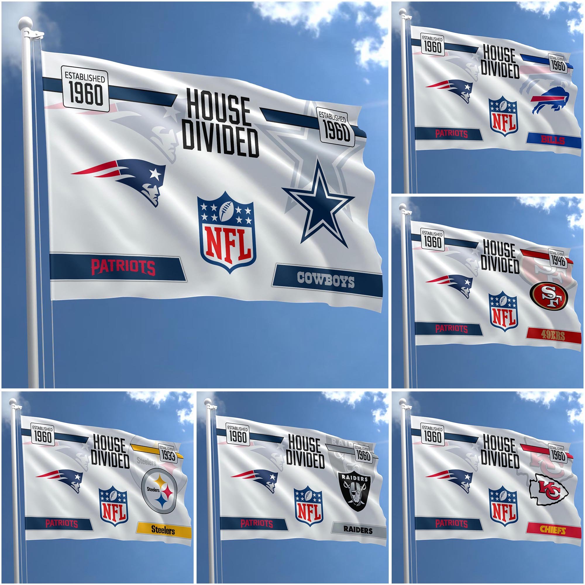 New England Patriots Flag 3X5ft Choose Any Team, House Divided Flag, Home Decors