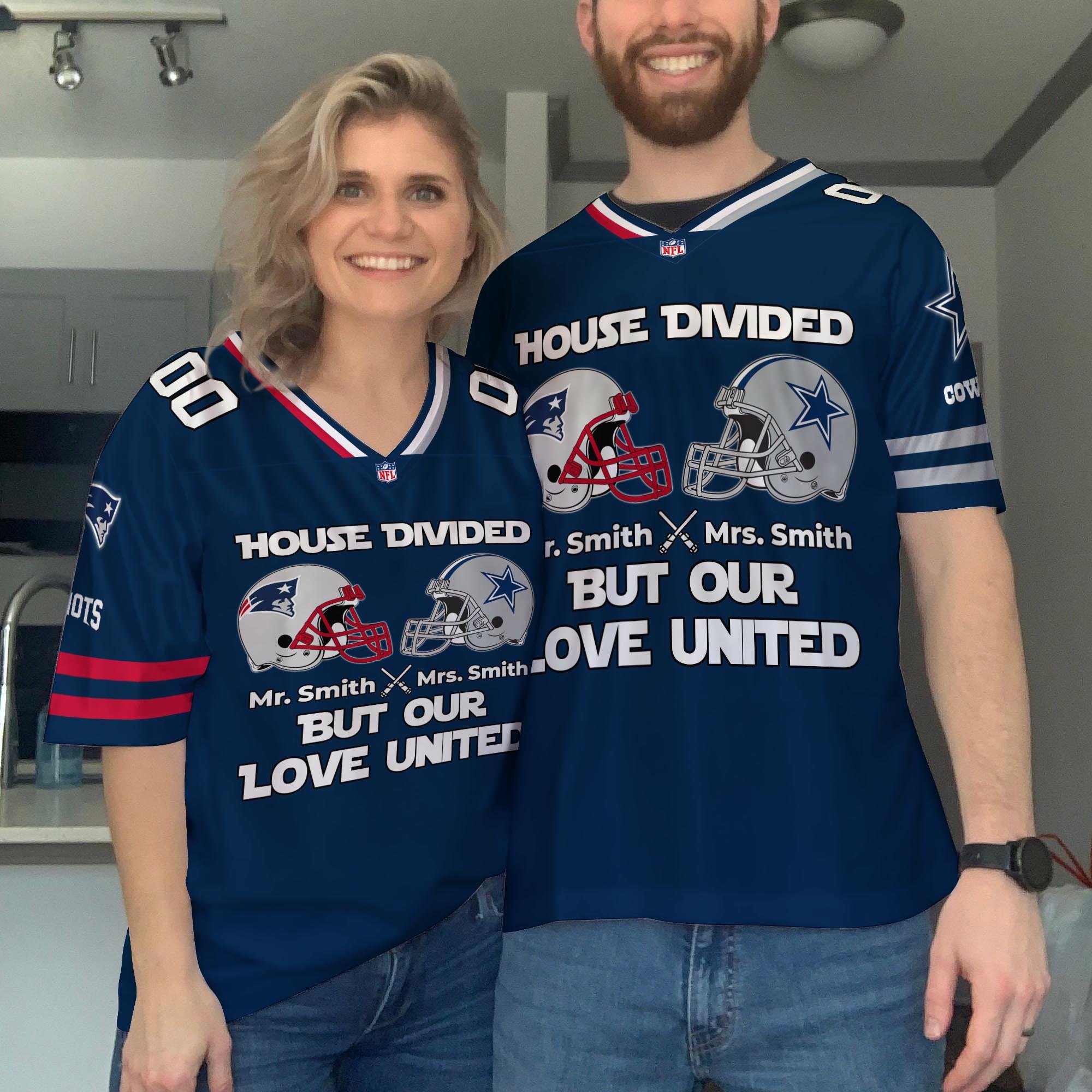 New England Patriots Football Jersey Custom Husband, Wife Name And Number, House Divided Jersey For Fan