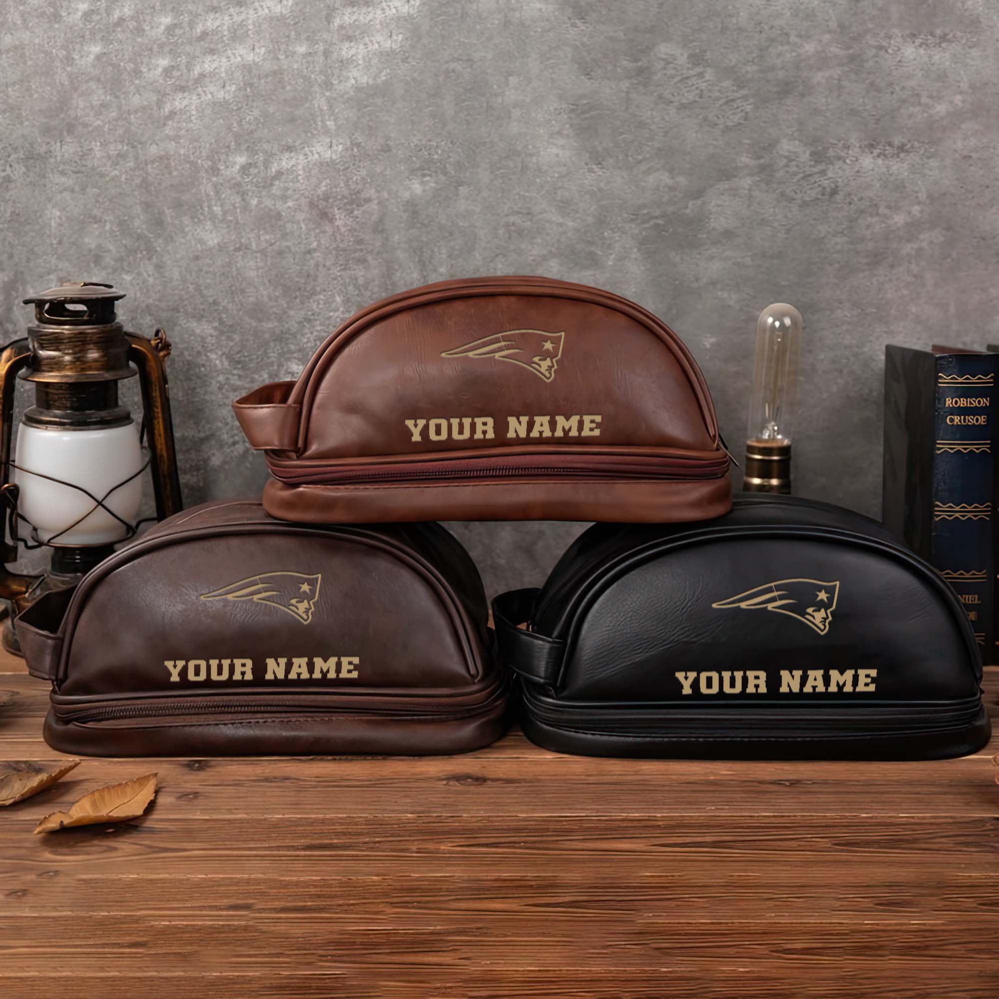 New England Patriots Mens Leather Toiletry Bag, Engraved Leather Dopp Kit Bag, Football Fan Gifts