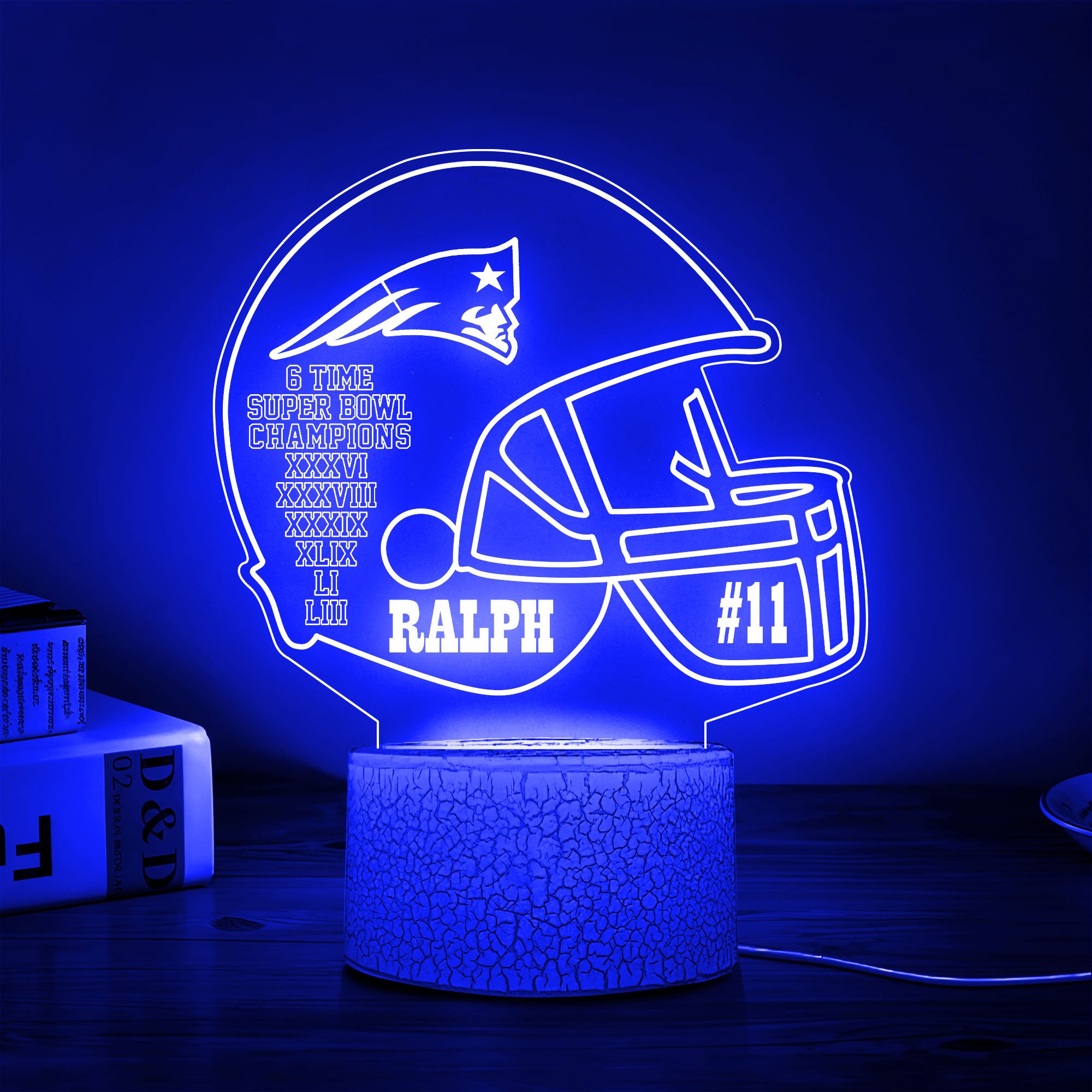 New England Patriots Team 3D Led Lamp Custom Number And Name, Led Lamp For Sport Fans 