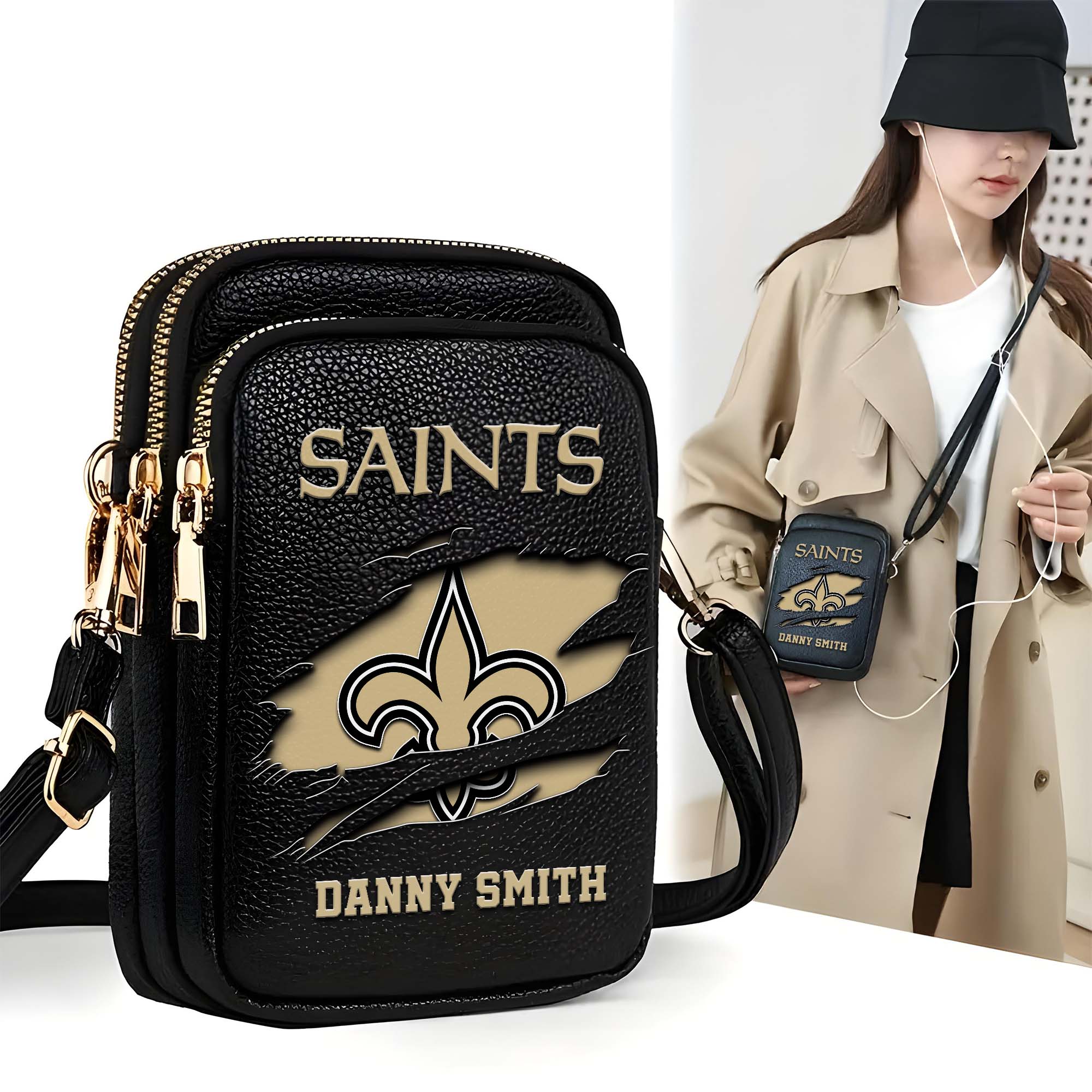 New Orleans Saints Customized Womens Mobile Phone Bag With Your Name, Leather Crossbody Bag, Fan Gifts